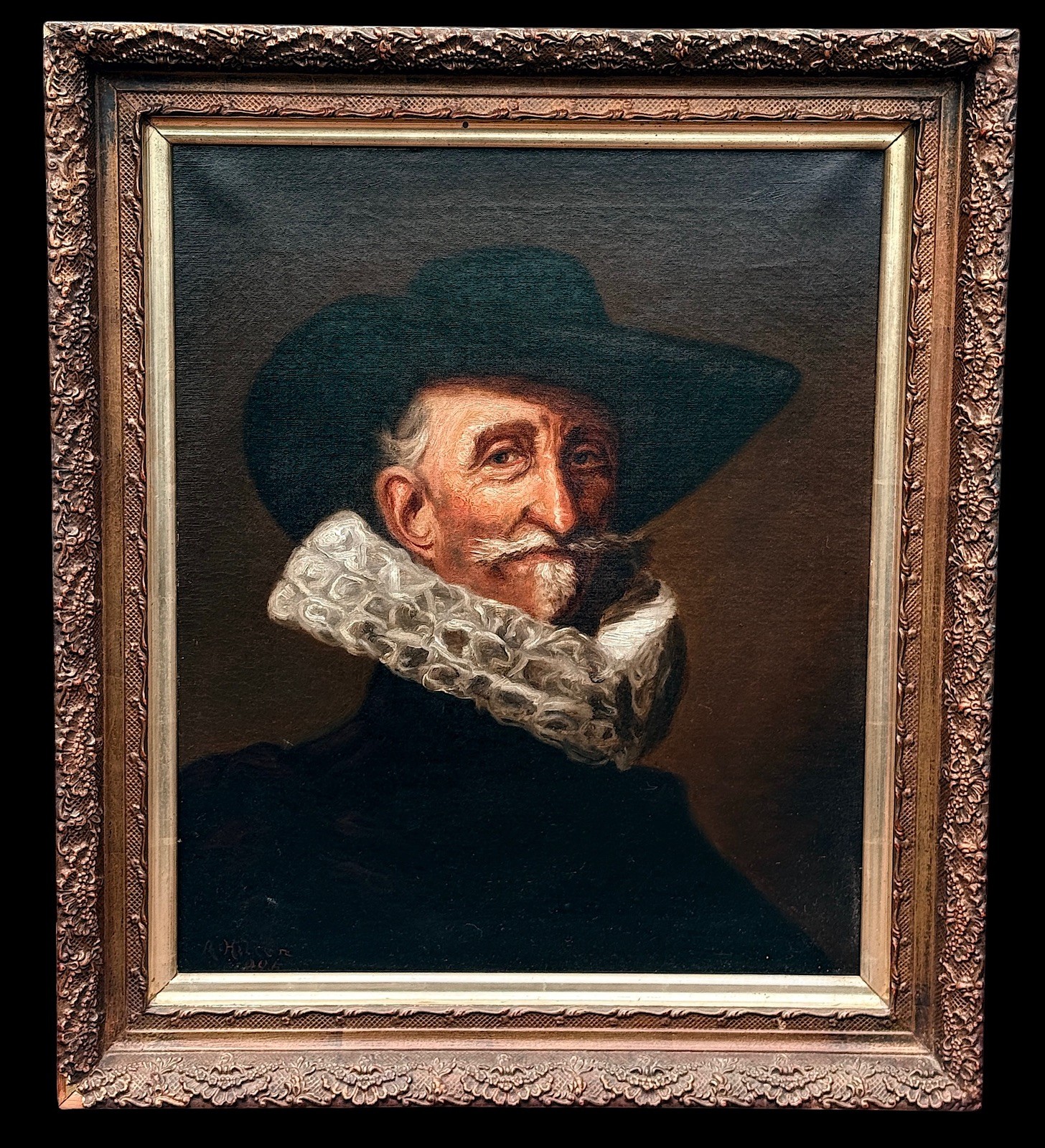 Antique Oil Painting after Dutch Master FRANS HALS Portrait, Signed A. Hiller 