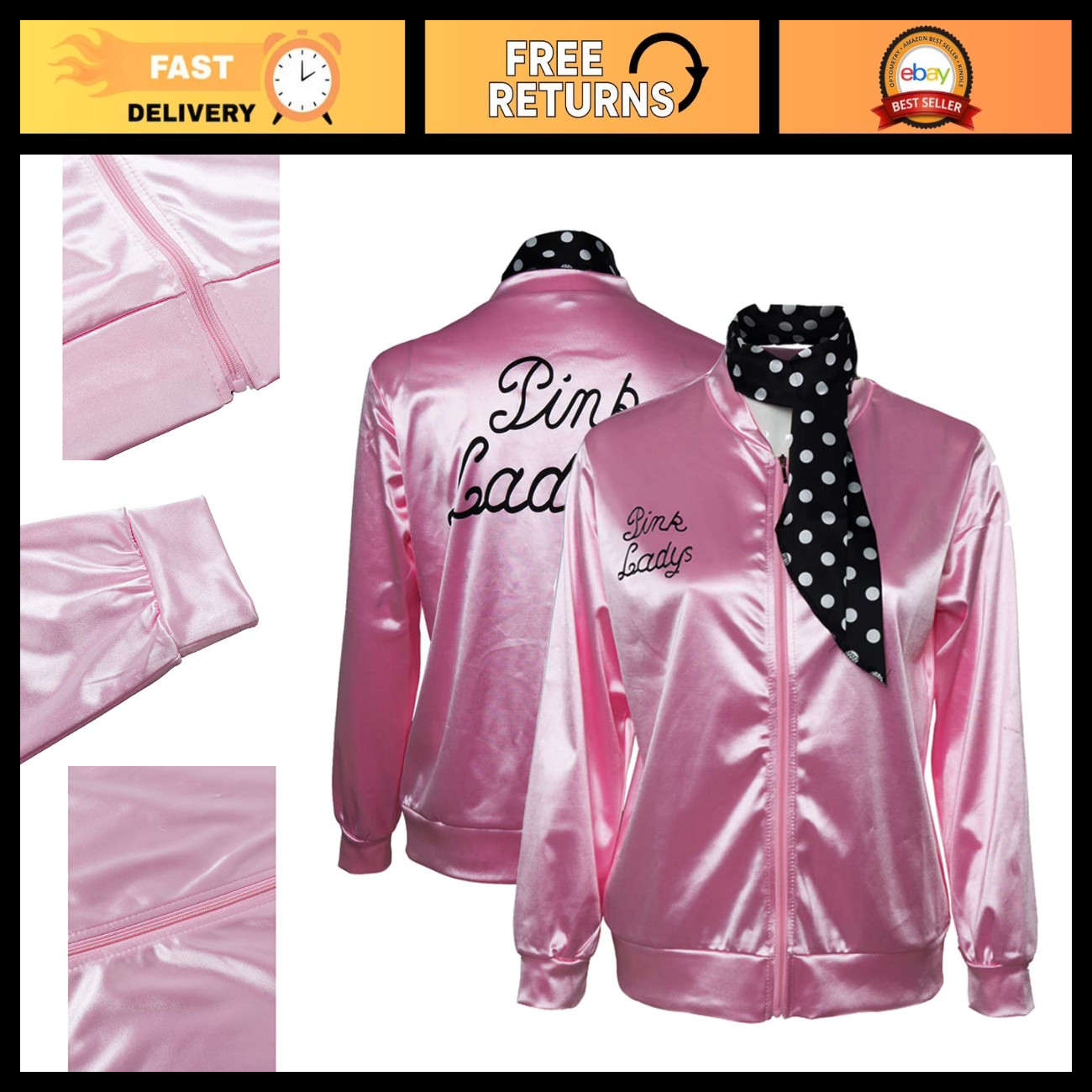 Vintage 1950s Women\'s Pink Satin Jacket with Neck Scarf - Retro Costume Wear