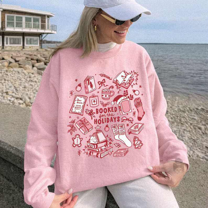 Bookish Christmas Sweatshirt Reading Holiday Pink