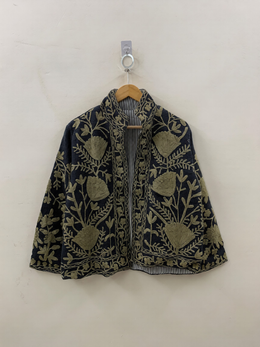 Handmade Black  TNT  Embroidered Jacket Gold Floral Folk Bohemian Festival Coat