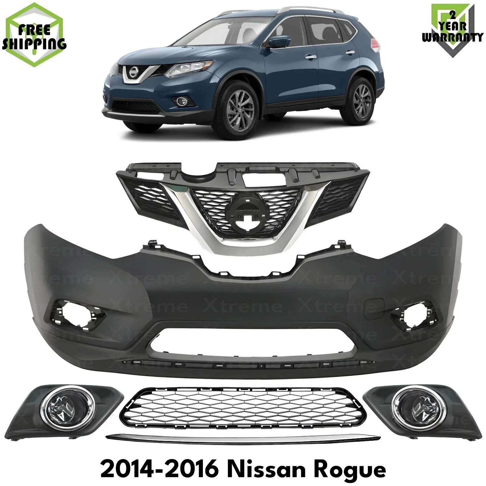Front Bumper Cover Primed & Grille Assembly Kit For 2014-2016 Nissan Rogue