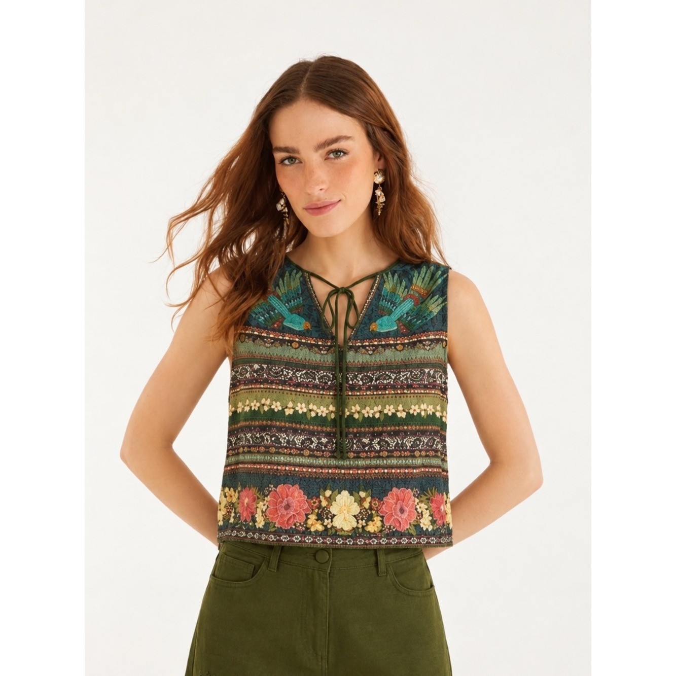 Farm Rio Anthropologie Boho Sparrow Floral Tank Women Shirt Green Black Size M
