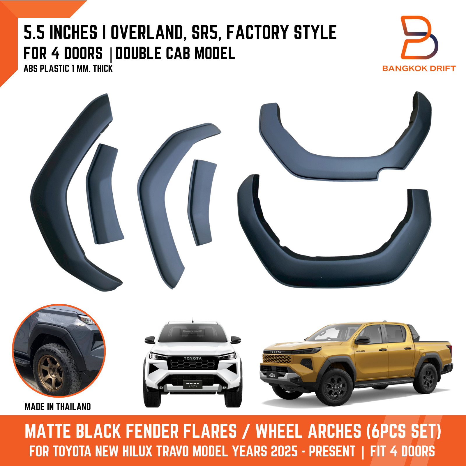 6pc Matte Black Fender Flares Set fits Toyota Hilux Travo 2025-On 4-Door Pickup