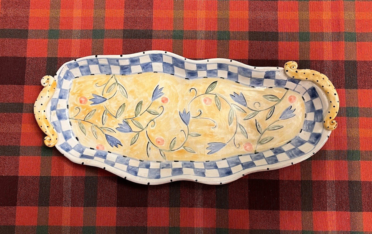 Mackenzie Childs Vintage Hors D'Oeuvre Tray Hand Painted Checkered Flowers RARE Mackenzie Childs Vintage Hors D'Oeuvre Tray Hand Painted Checkered Flowers RARE