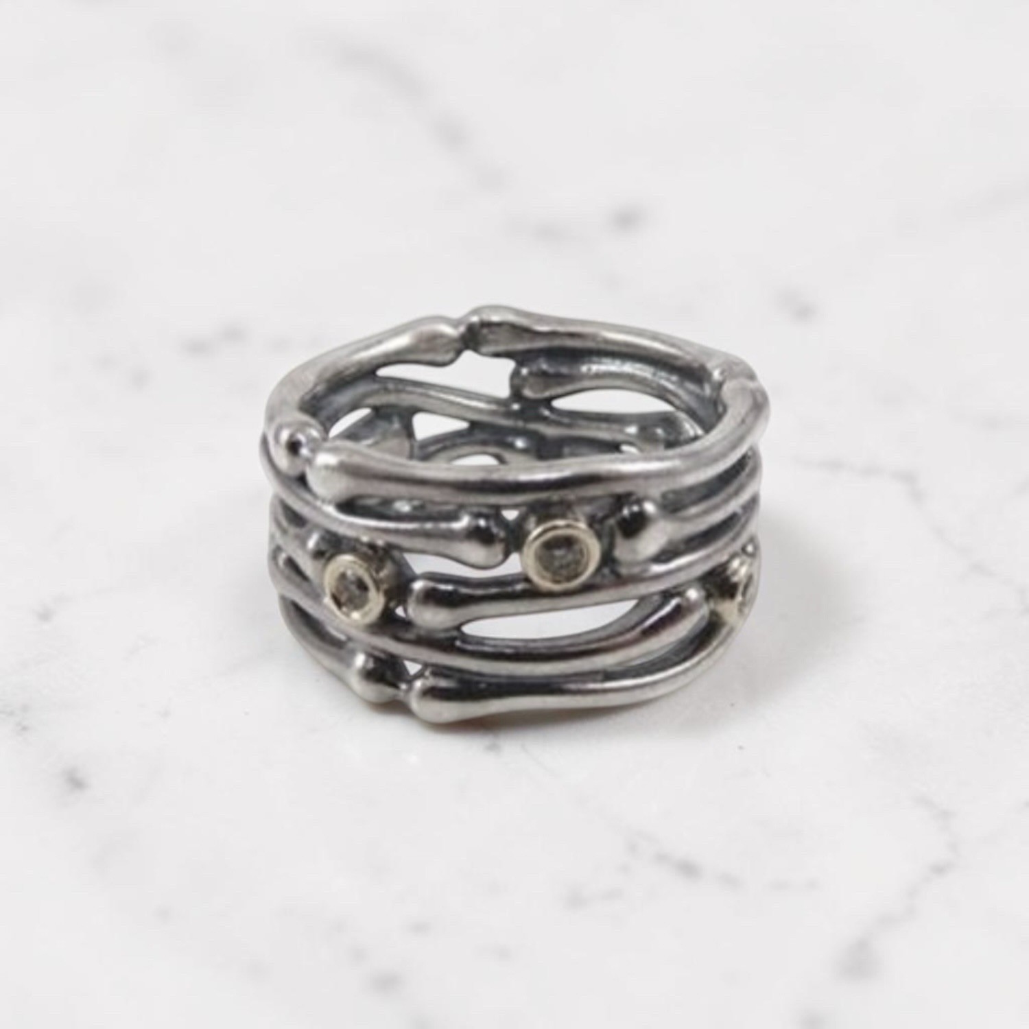 *RARE* Retired Pandora Funny Bones Sterling Silver / Gold / Diamond Ring - Sz. 5