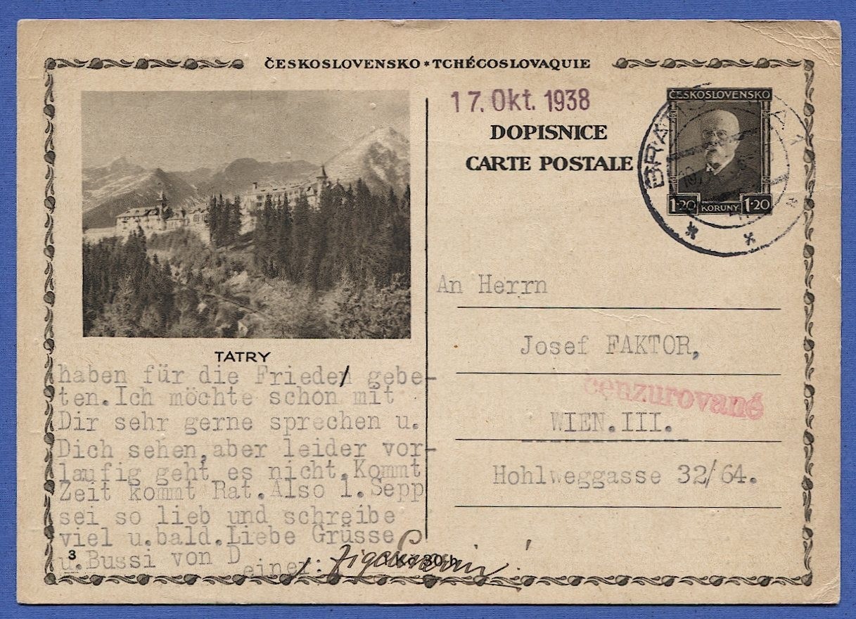 Czechoslovakia 1.20k Masaryk used TATRY postal card, Pofis CDV 46/3, Bratislava