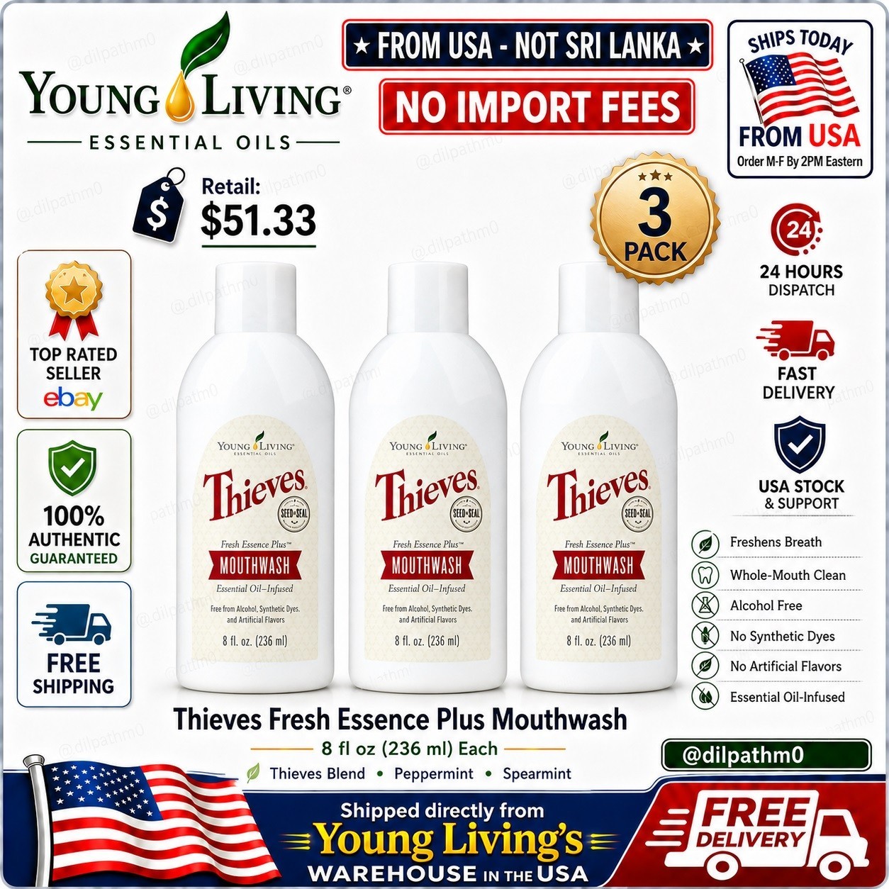 Pack of 3 Young Living Thieves Fresh Essence Plus Mouthwash 8oz - New Sealed🔥