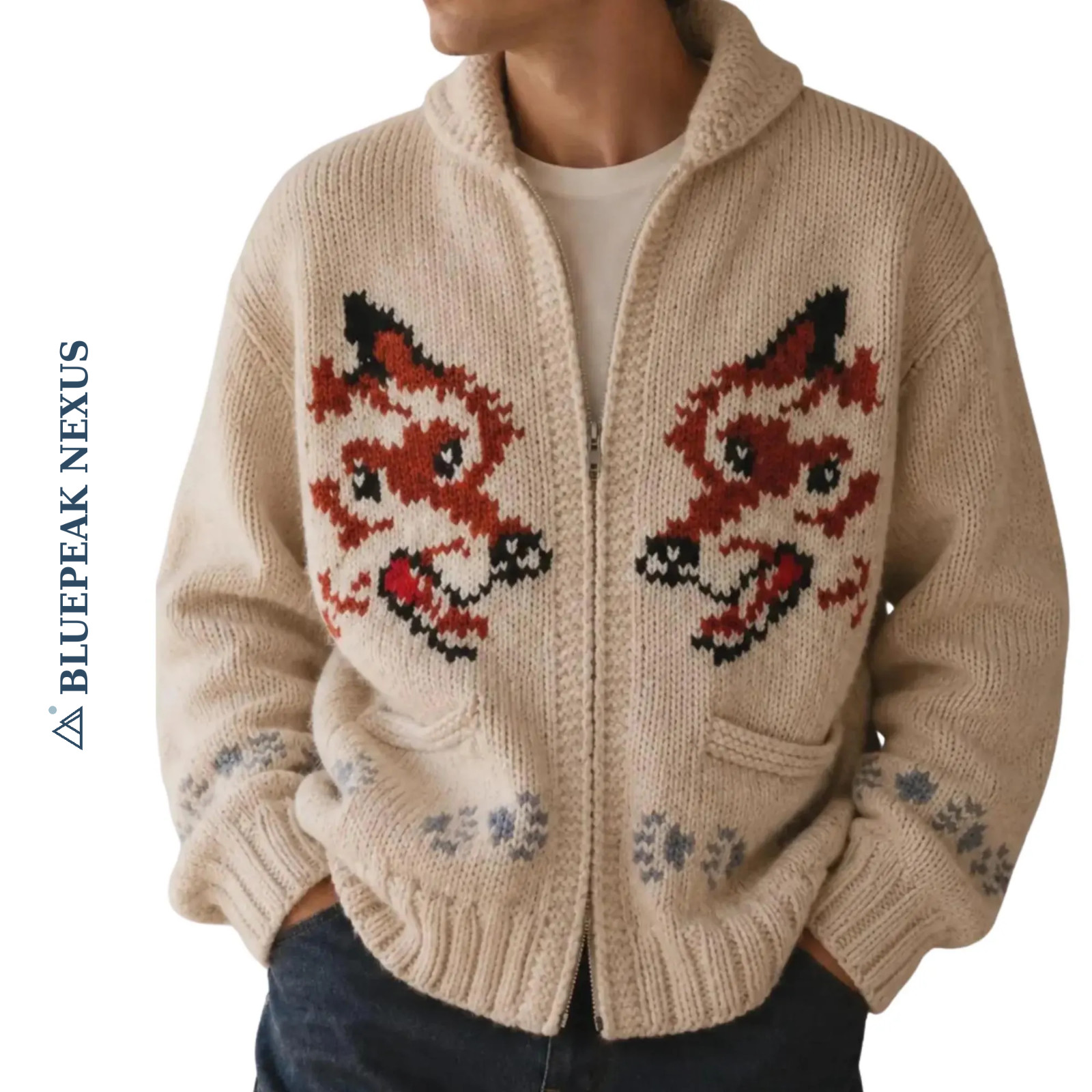 Nordic Fox Zip Cardigan Wool Blend Winter Sweater Vintage Streetwear Jacket