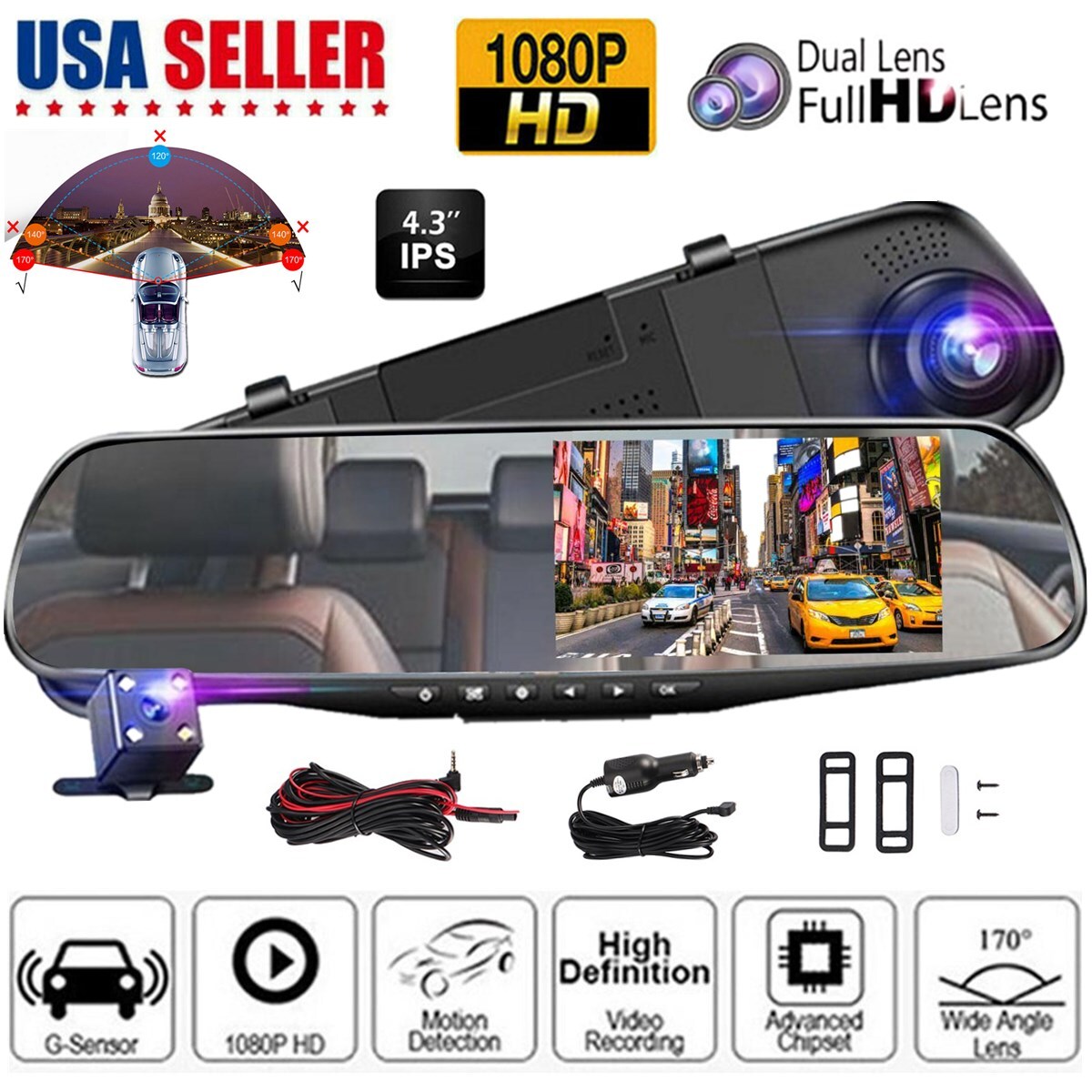 1080P HD Rearview Mirror Car DVR Dual Dash Cam Camera Front Rear Video Recorder 1080P HD Rearview Mirror Car DVR Dual Dash Cam Camera Front Rear Video Recorder