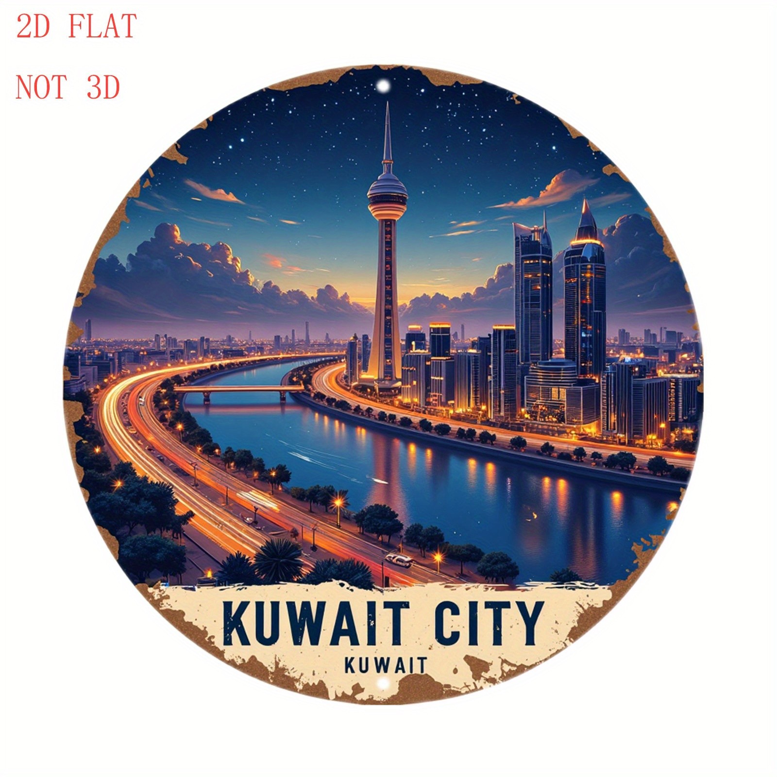 Kuwait City Plaque Aluminum Sign 8 Inch Round Funny Modern Architecture