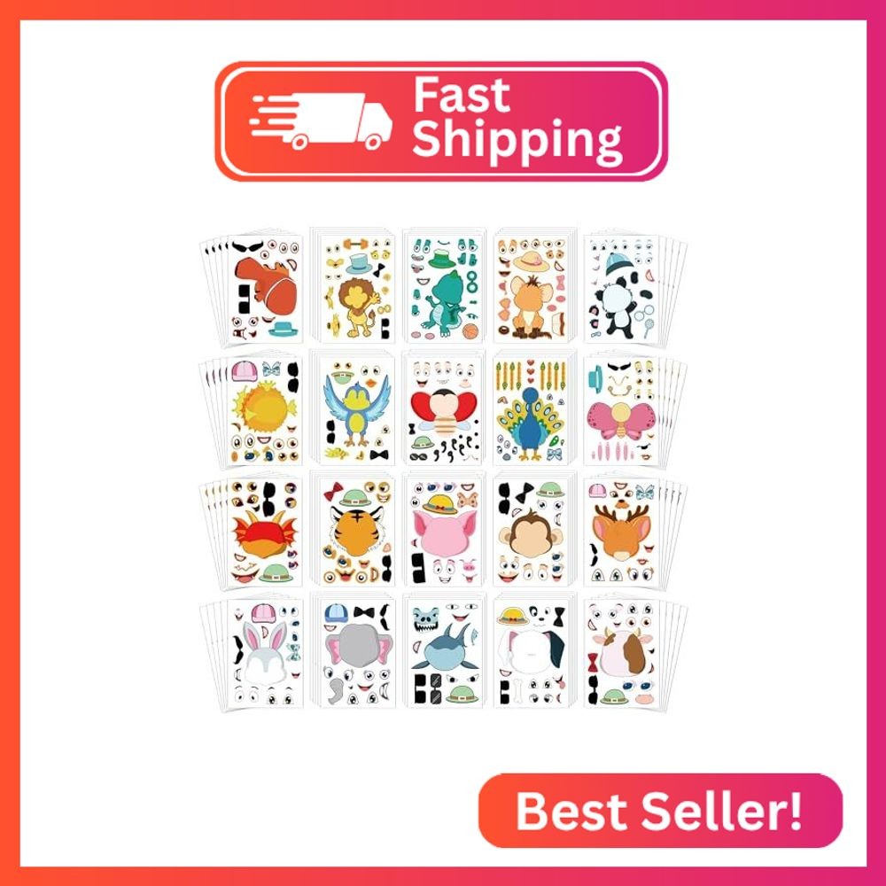 Sinceroduct 100PCS Make Your Own Stickers for Kids, Make-a-Face Stickers, 20 Ani