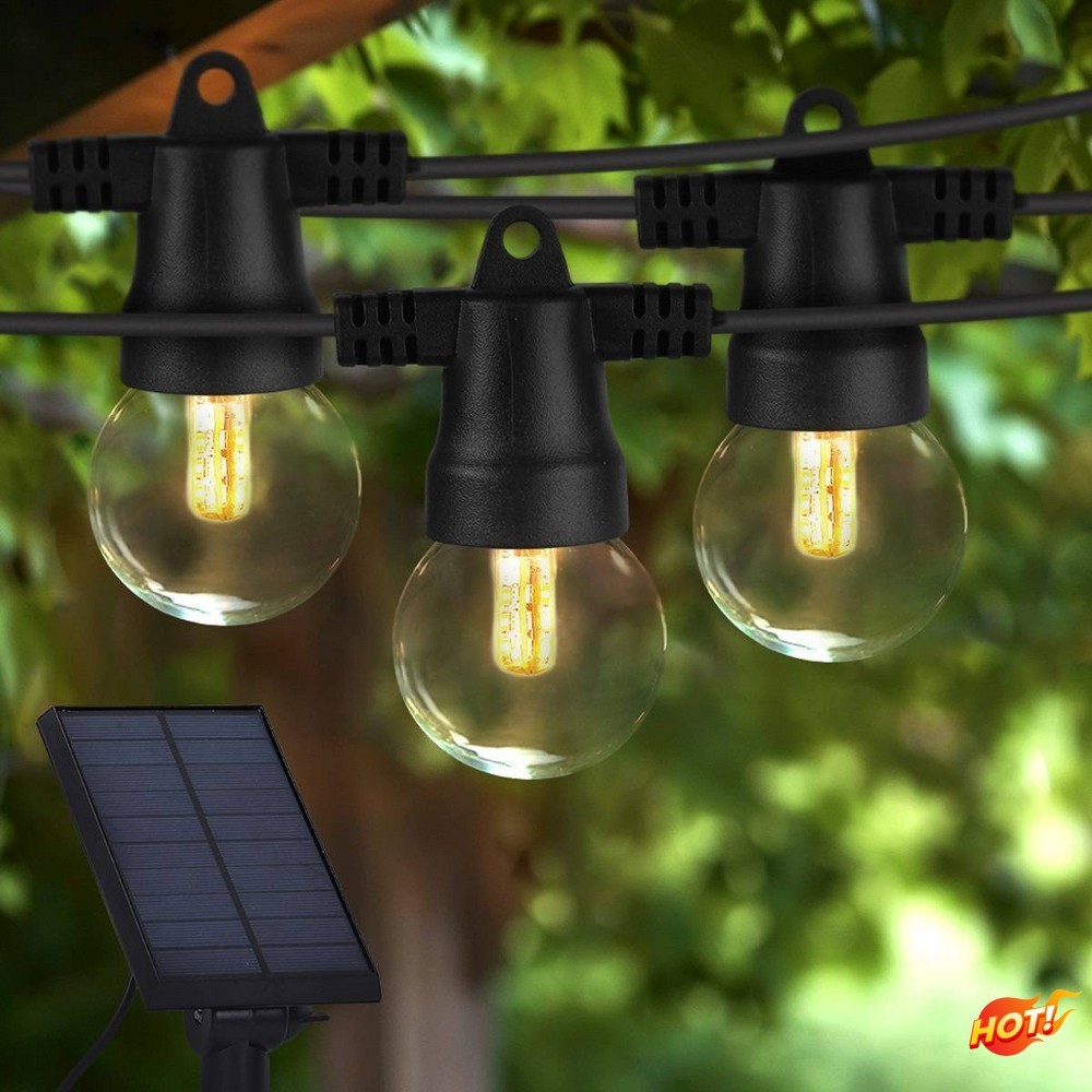 12-Bulb LED Solar String Lights 27ft 2700K G40 Outdoor Clear Bulbs Black Wire