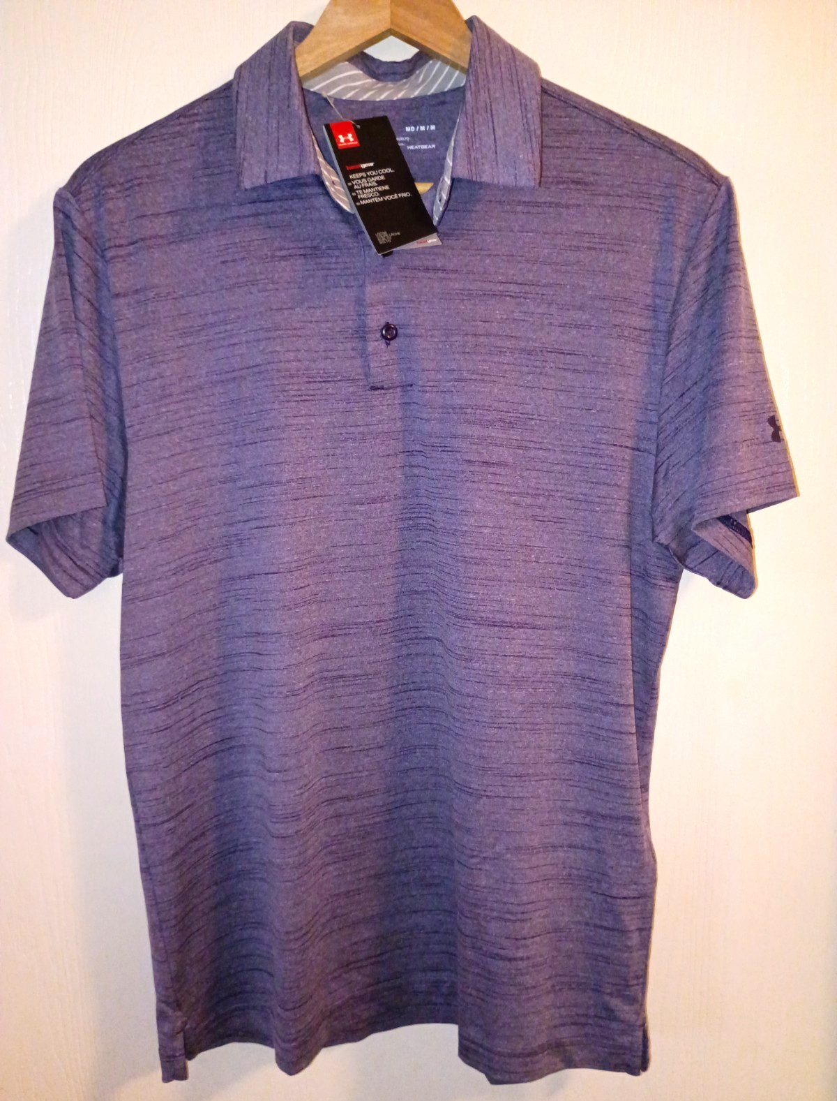 Under Armour HeatGear Men\'s Polo Shirt M Loose Fit Purple Striped Short Sleeve