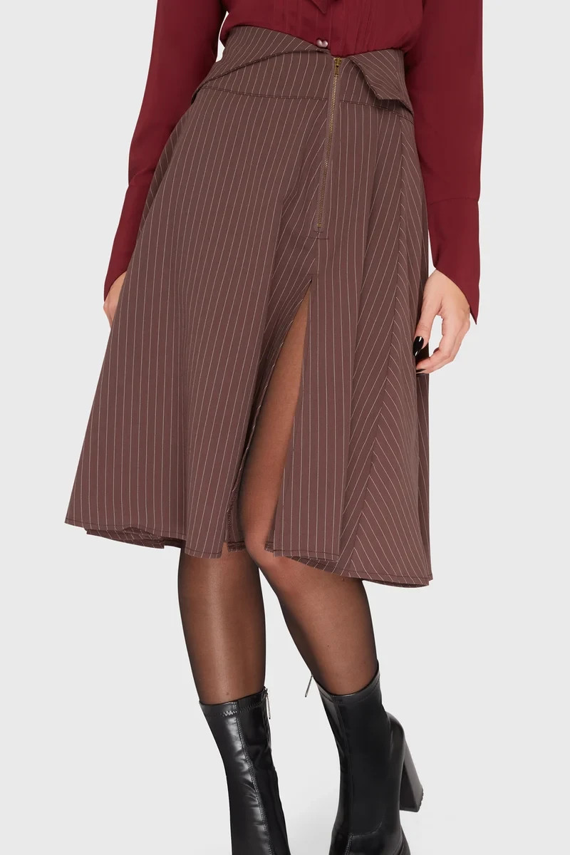 KILLSTAR Midnight Gaze Midi Skirt. Brown Pinstripe. Size M - UK12. BNWT. RRP £42 KILLSTAR Midnight Gaze Midi Skirt. Brown Pinstripe. Size M - UK12. BNWT. RRP £42
