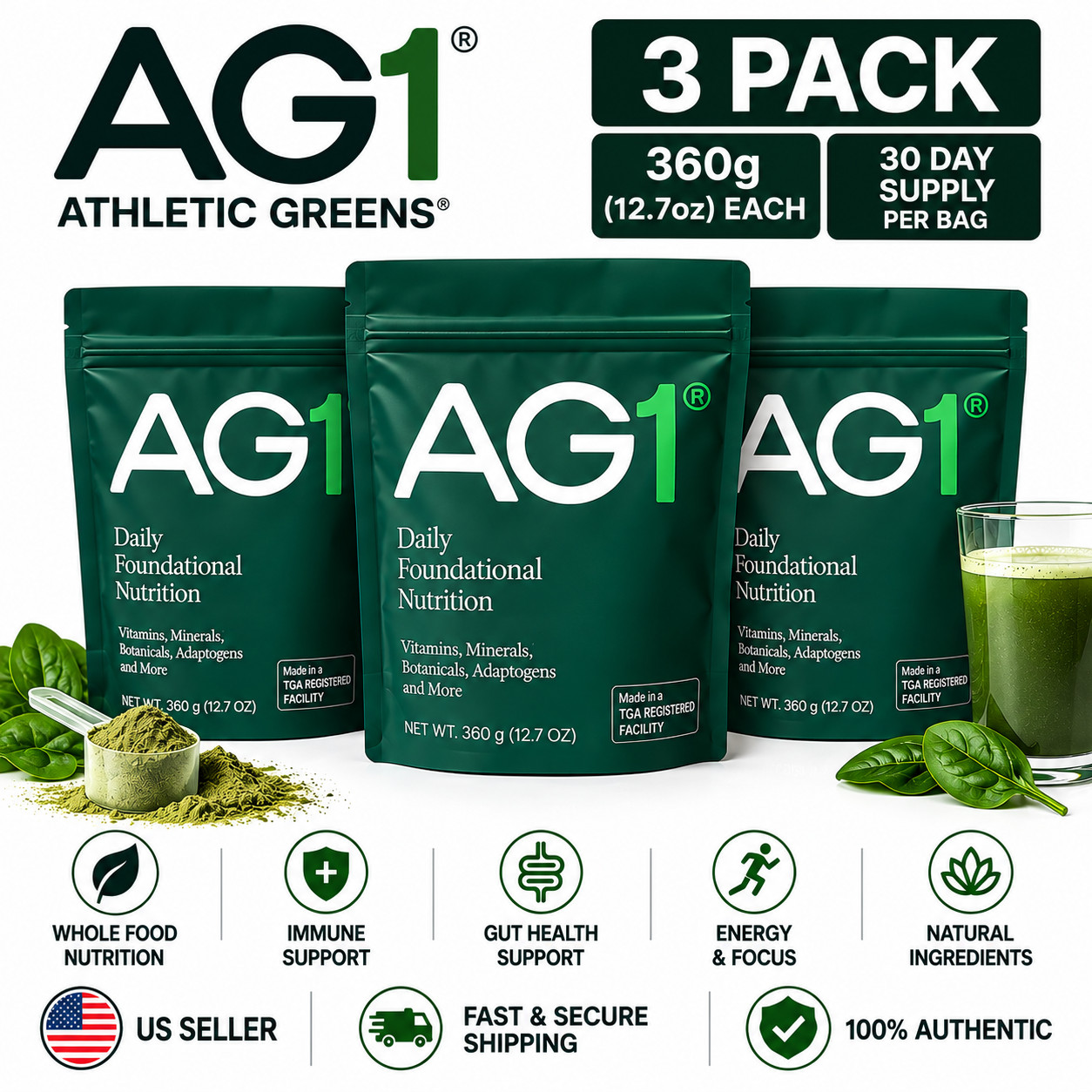 3 Pack AG1 Athletic Greens Powder Pouch 12.7oz 360g 30 Day Supply Exp 07/28