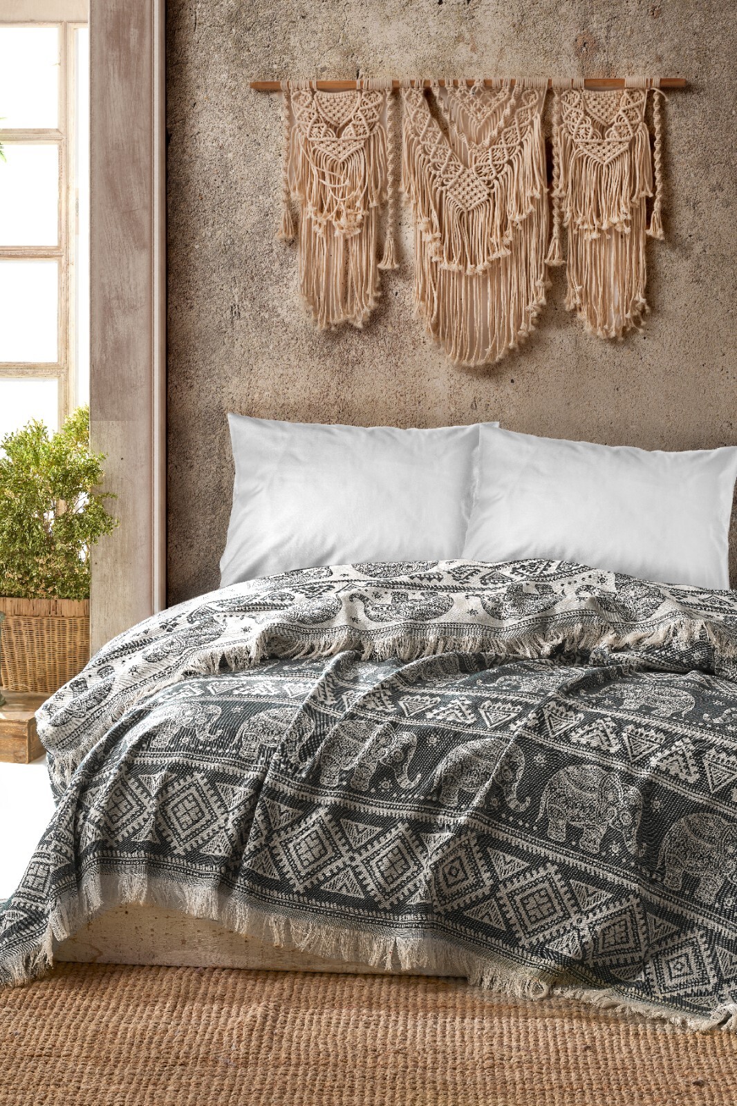 Natural Cotton Queen Elephant Fringe Bedspread Throw Blanket Reversible Natural Cotton Queen Elephant Fringe Bedspread Throw Blanket Reversible