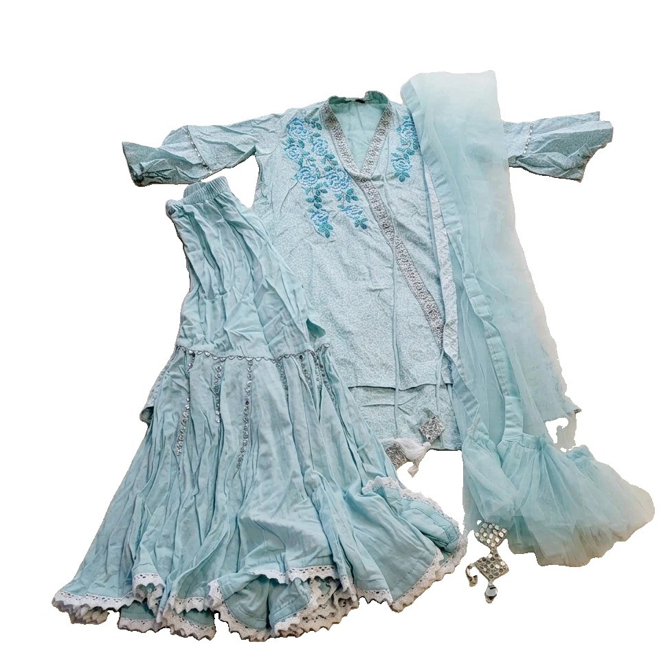 6/7 Blue Bell Sleeve Sharara Girls Dress Suit Set 3-Pc, Gota Trim Net Embroidery