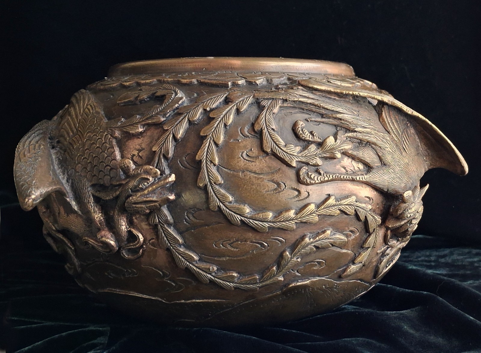 Japanese Meiji Bronze Hibachi Jardiniere Planter Bowl High Relief Phoenixes