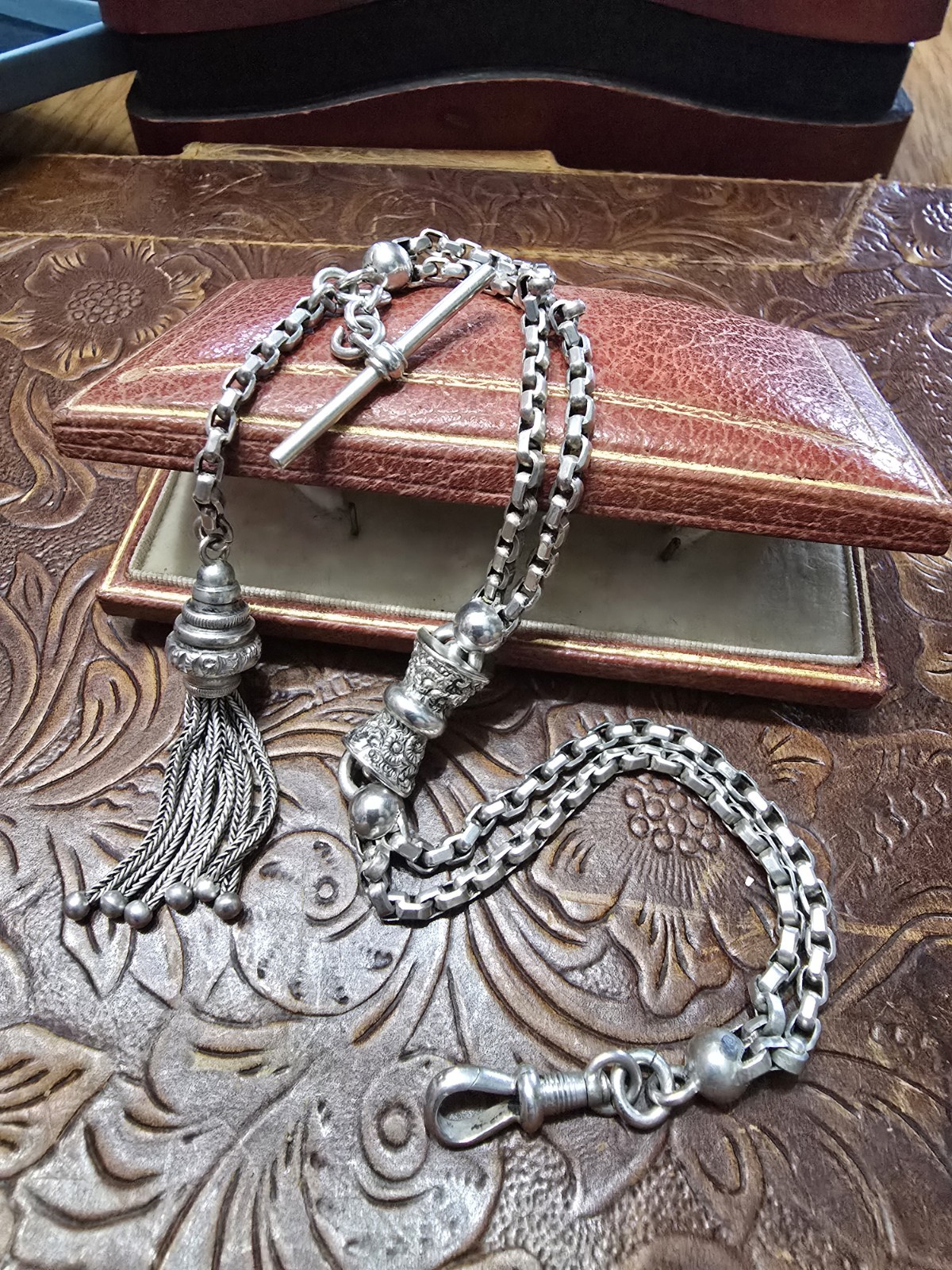 Antique Victorian Sterling Silver Albertina Watch Chain Tassel T-Bar 15g c1890