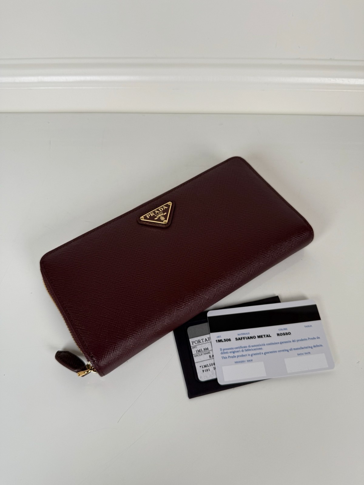 Prada Saffiano Leather Zip Around Long Wallet Burgundy Gold Hardware 20x10.3cm