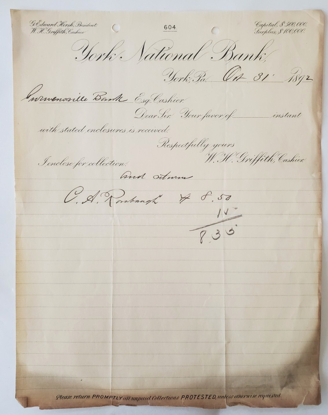 1892 Document, York National Bank, York PA, To Curwensville Bank, PA