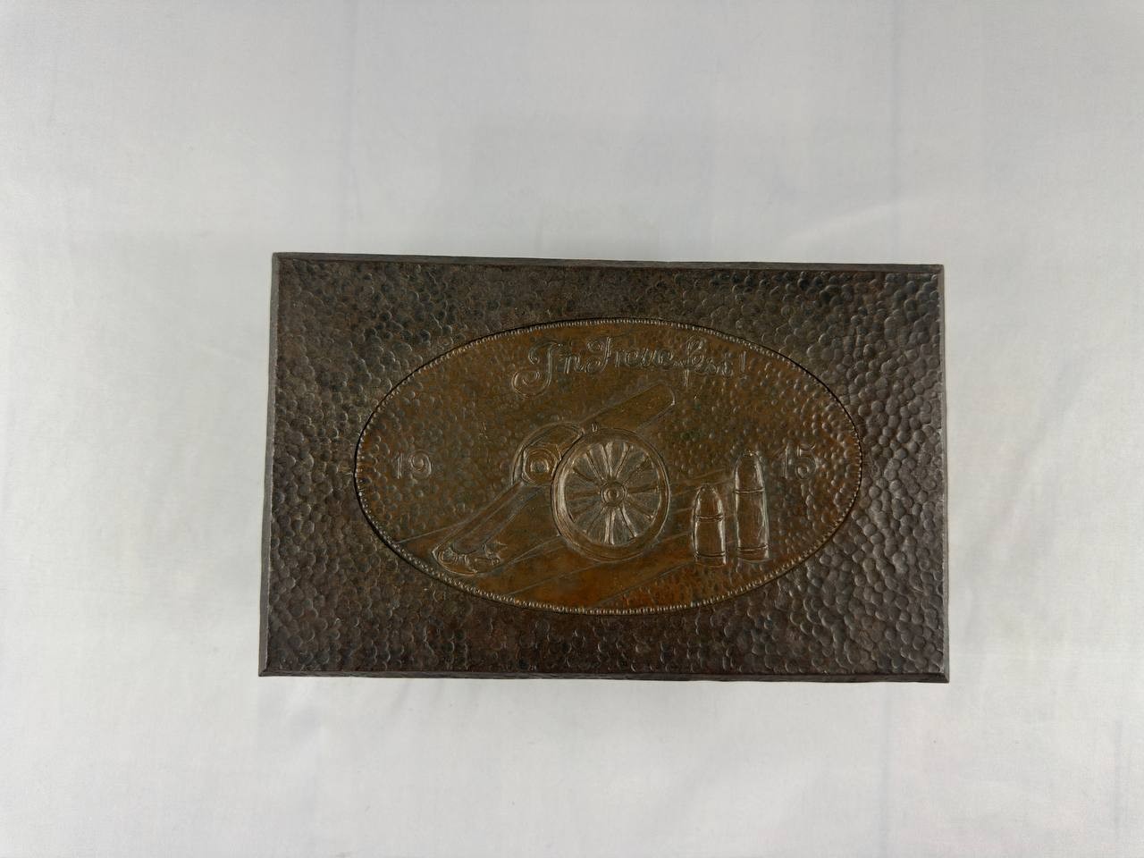 Antique German WWI Patriotic Hammered Metal Box In Treue Fest Cannon Motif 1915