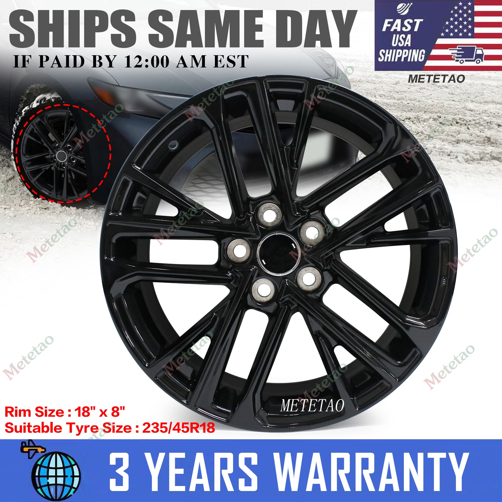 New 18×8'' Gloss Black Alloy For Toyota Camry 2017-2026 Replacement Wheel Rim