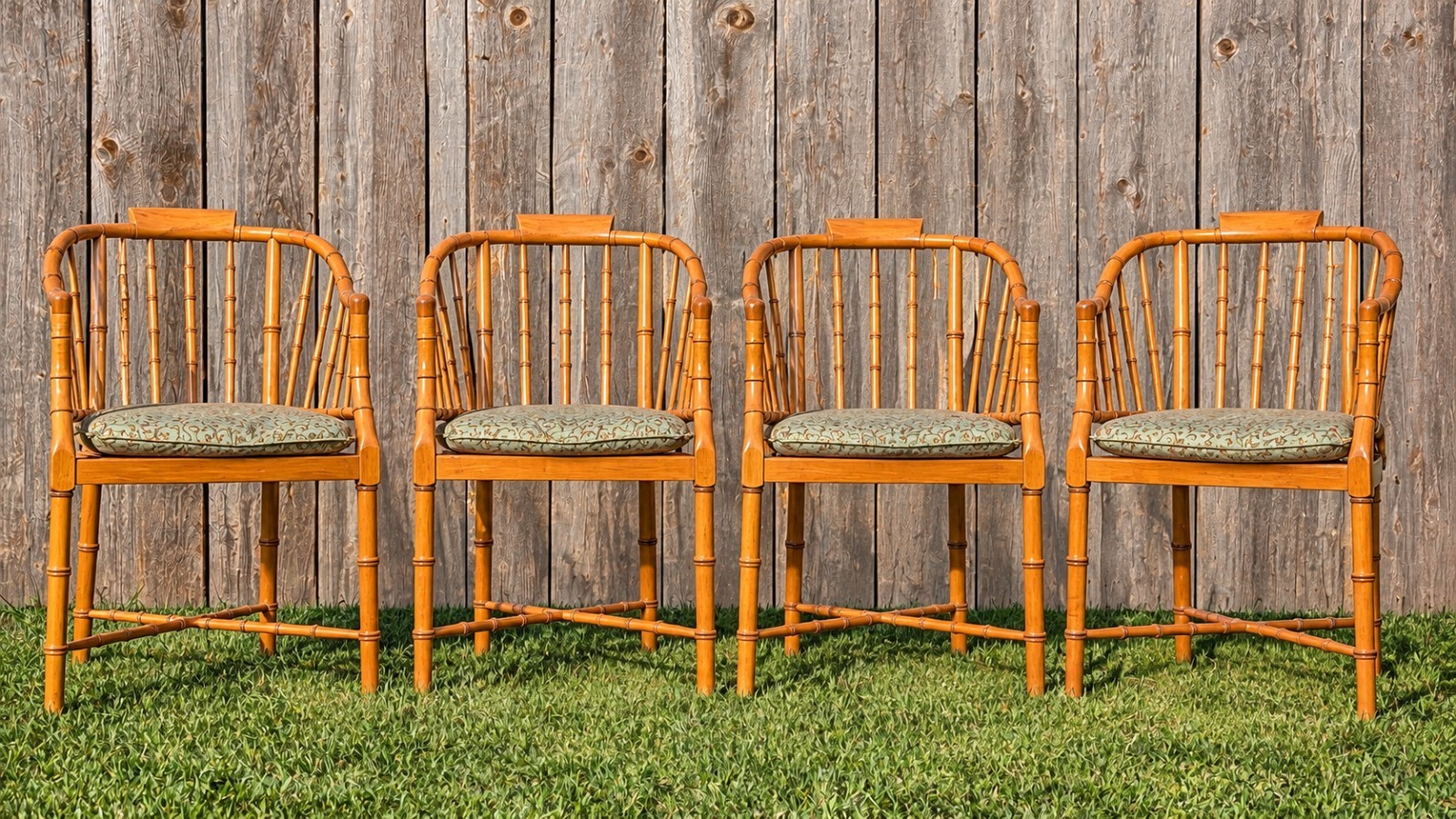 4 Antique Baker Furniture Faux Bamboo Tub Chair w/ bamboo spindle caned seat