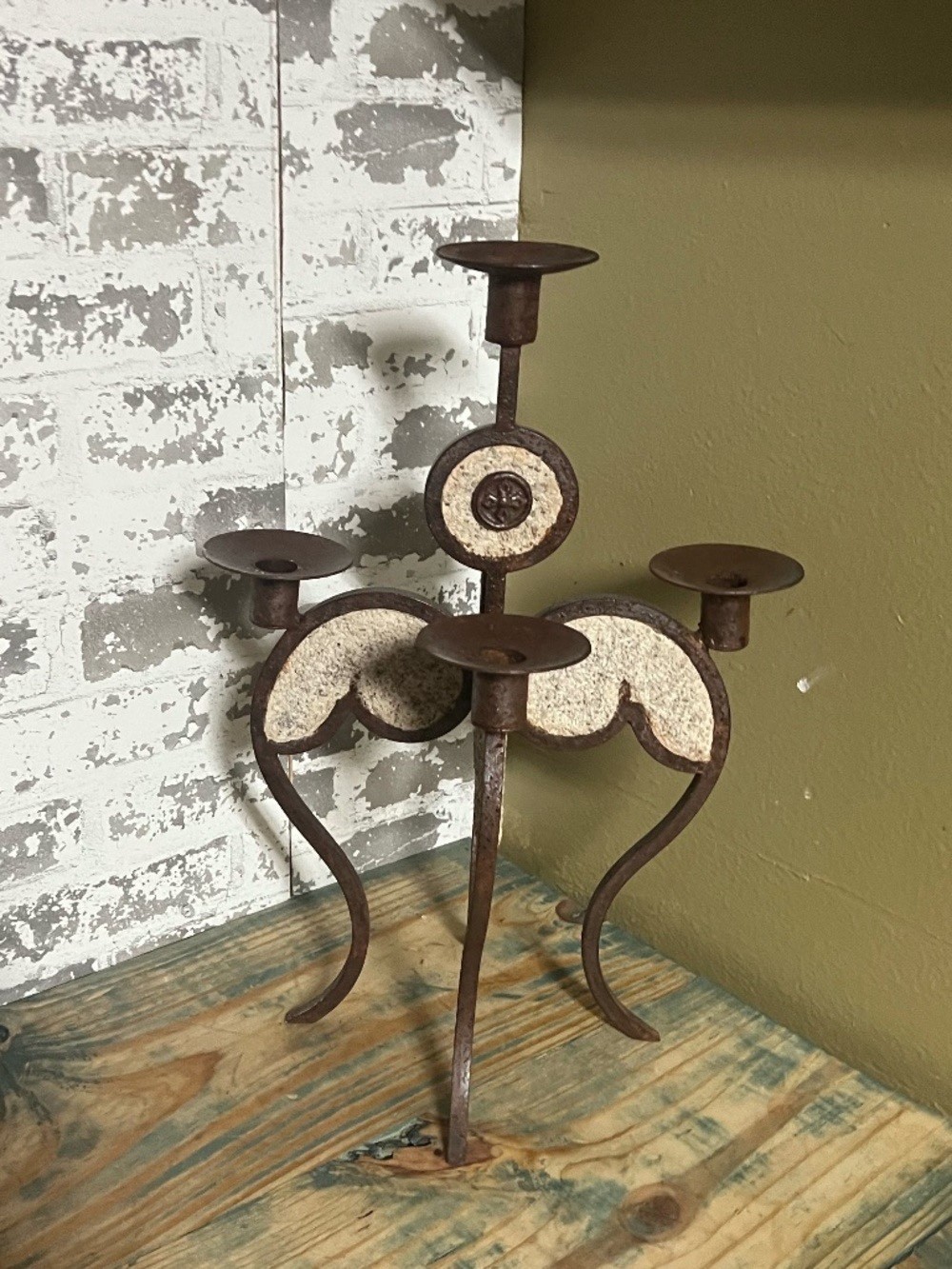 Vintage rustic wrought-iron candelabra / candle holder