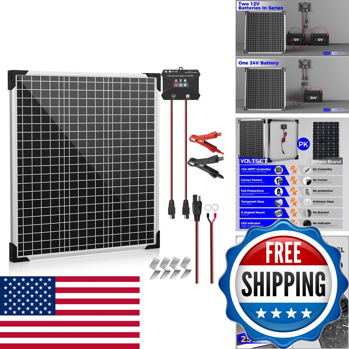 Voltset 50W 24V Solar Panel Battery Charger Kit Charger Controller VS-24V-50W