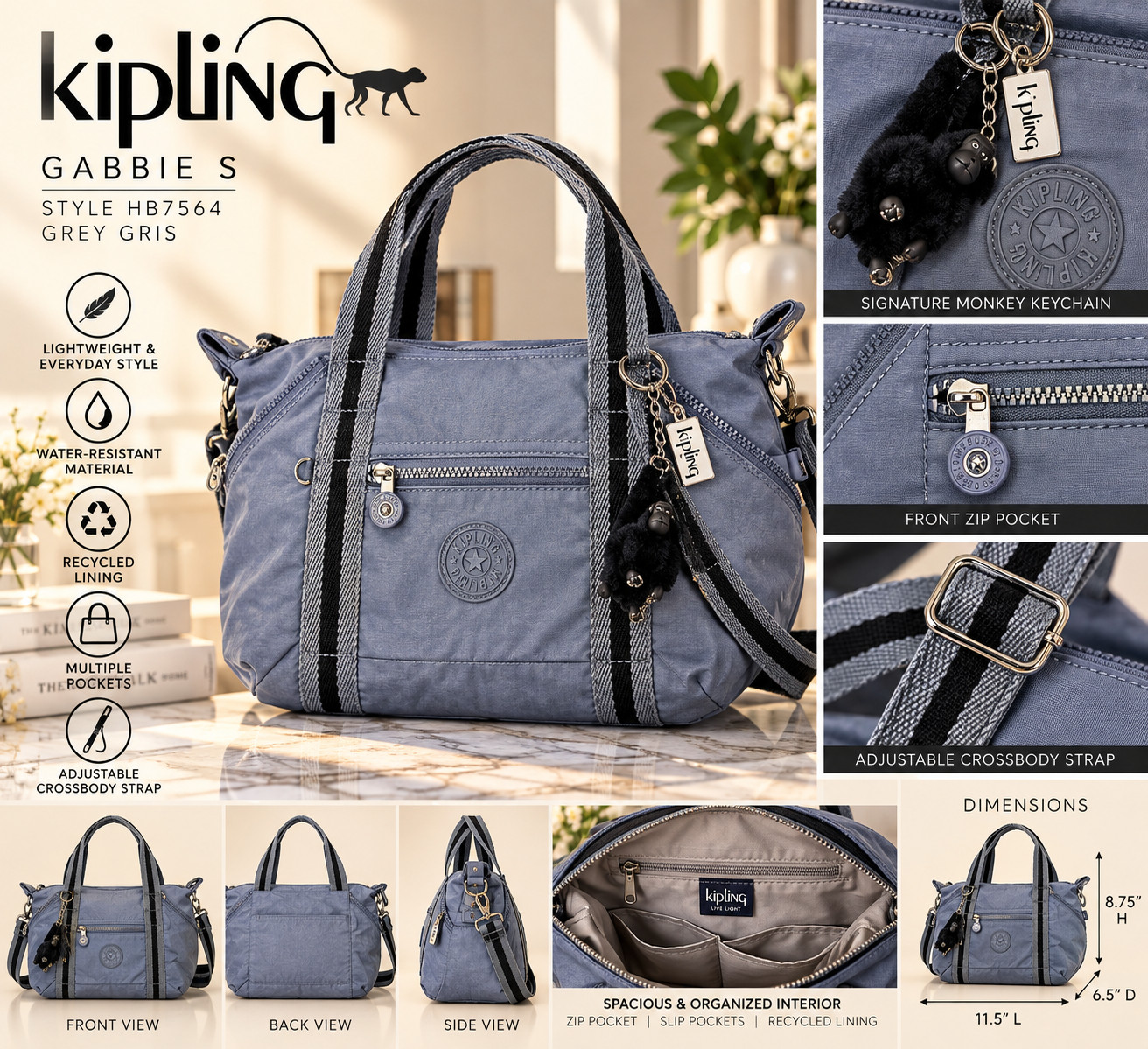 Kipling Gabbie S Grey Gris Crossbody Shoulder Bag Nylon NWT