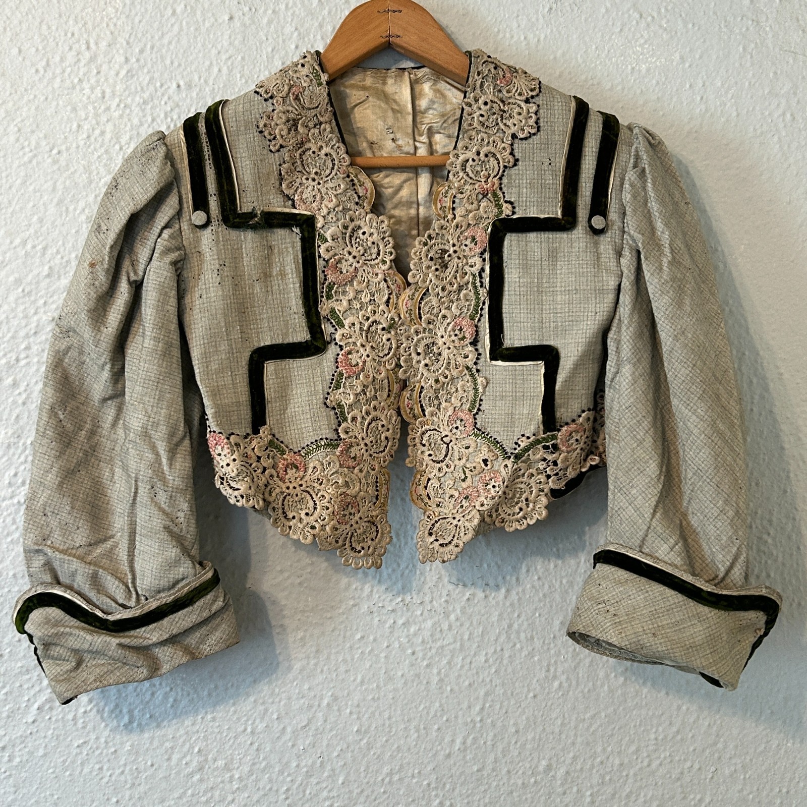 Antique 1800s Victorian Bolero Jacket Velvet Lace Display Study Fragile AS IS Antique 1800s Victorian Bolero Jacket Velvet Lace Display Study Fragile AS IS