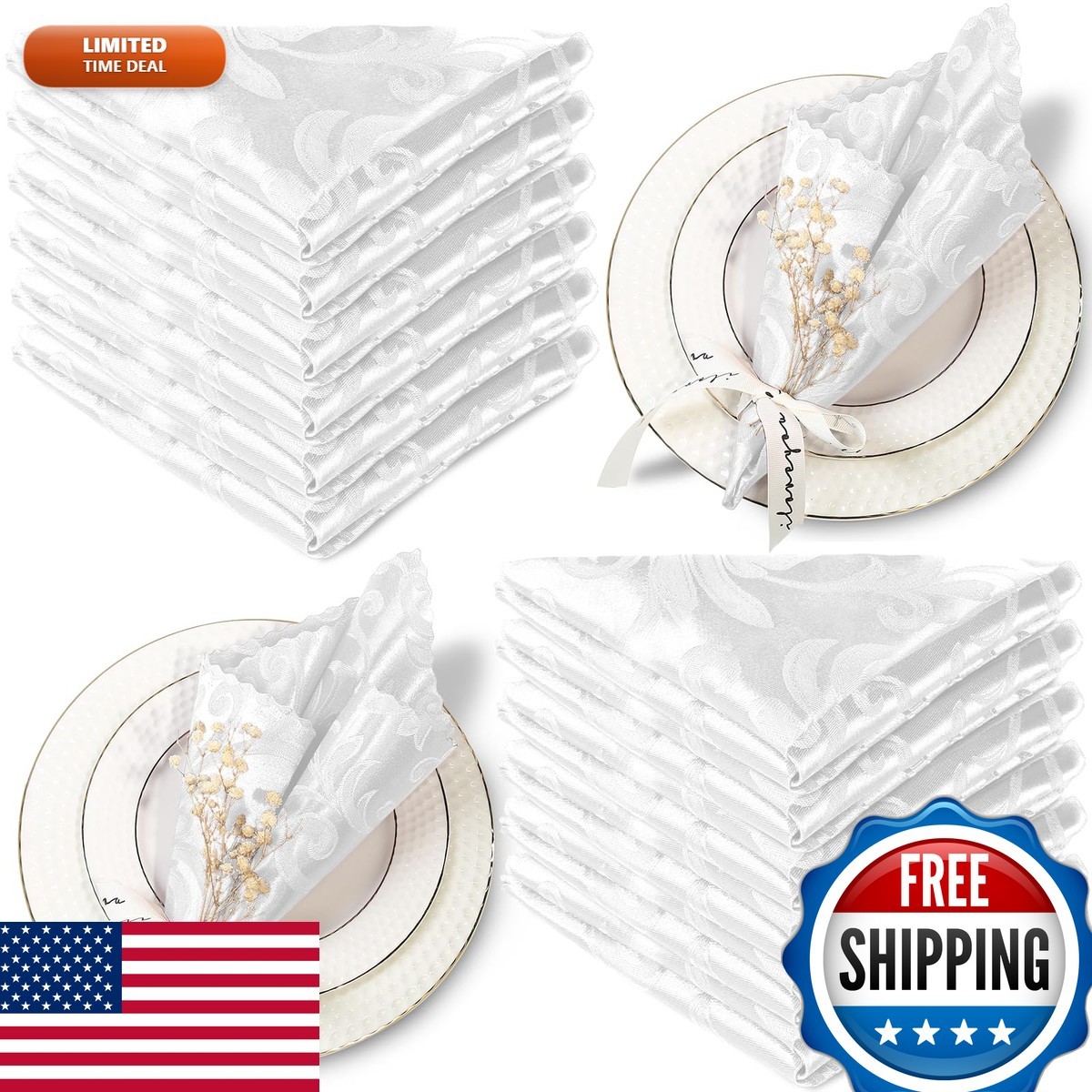 Aormenzy 50 Pack White 17x17 Cloth Napkins Jacquard Scalloped Brocade Wedding