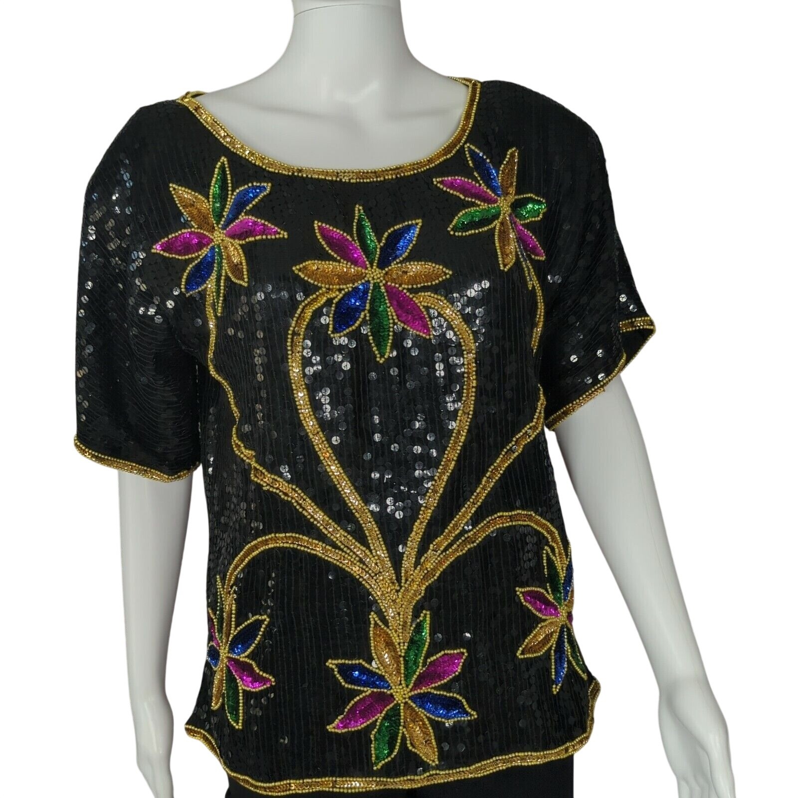 Night Vogue Black Sequin Beaded Silk Top Colorful Floral Design Medium