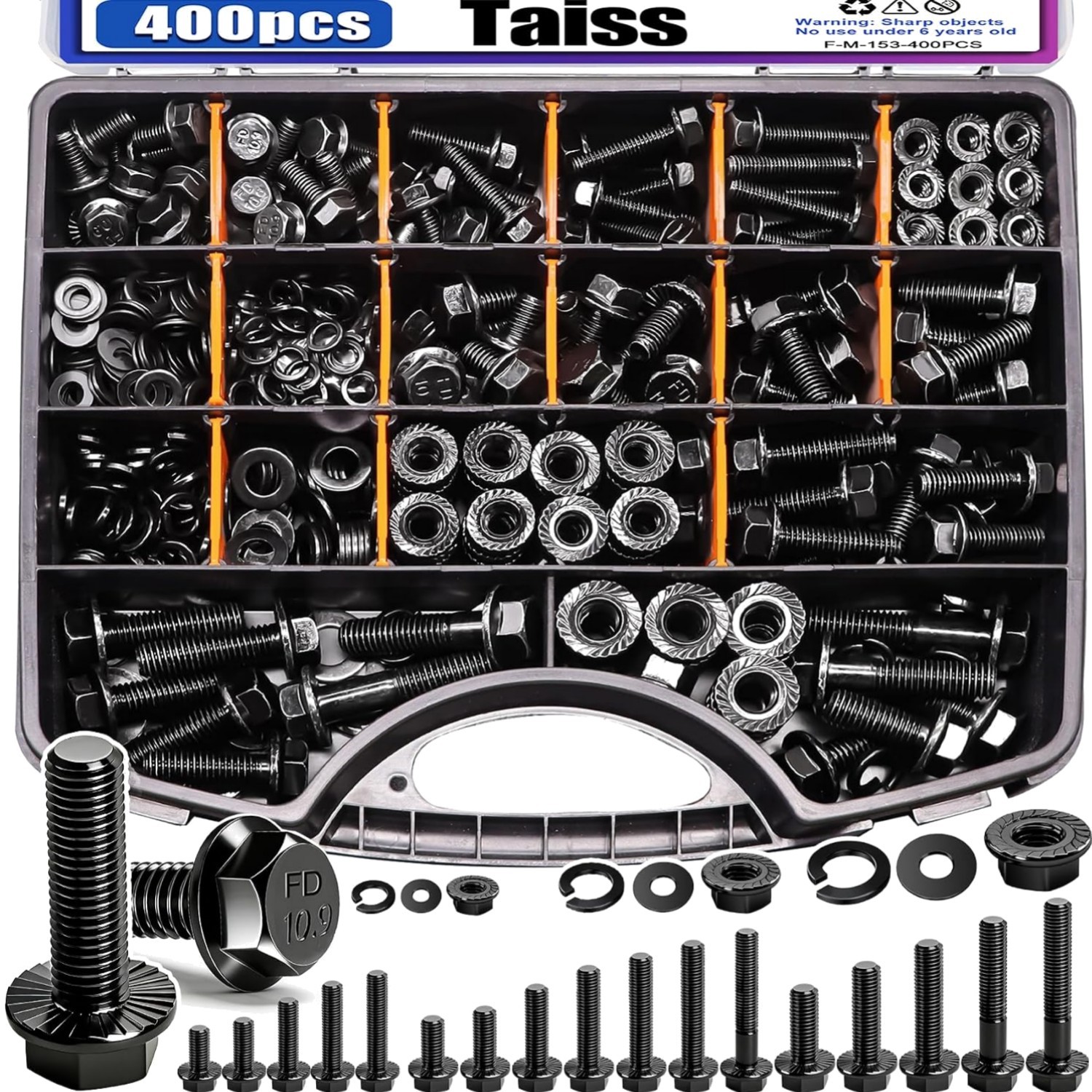 Durable Black Zinc Galvanized Metric Flange Bolt Kit - 400 Assorted Pieces