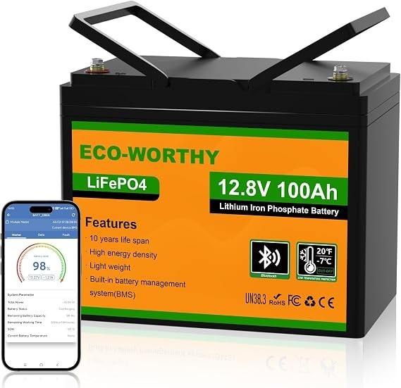 ECO-WORTHY 1280Wh 12V 100AH LiFePO4 Lithium Battery With SOC Display Bluetooth