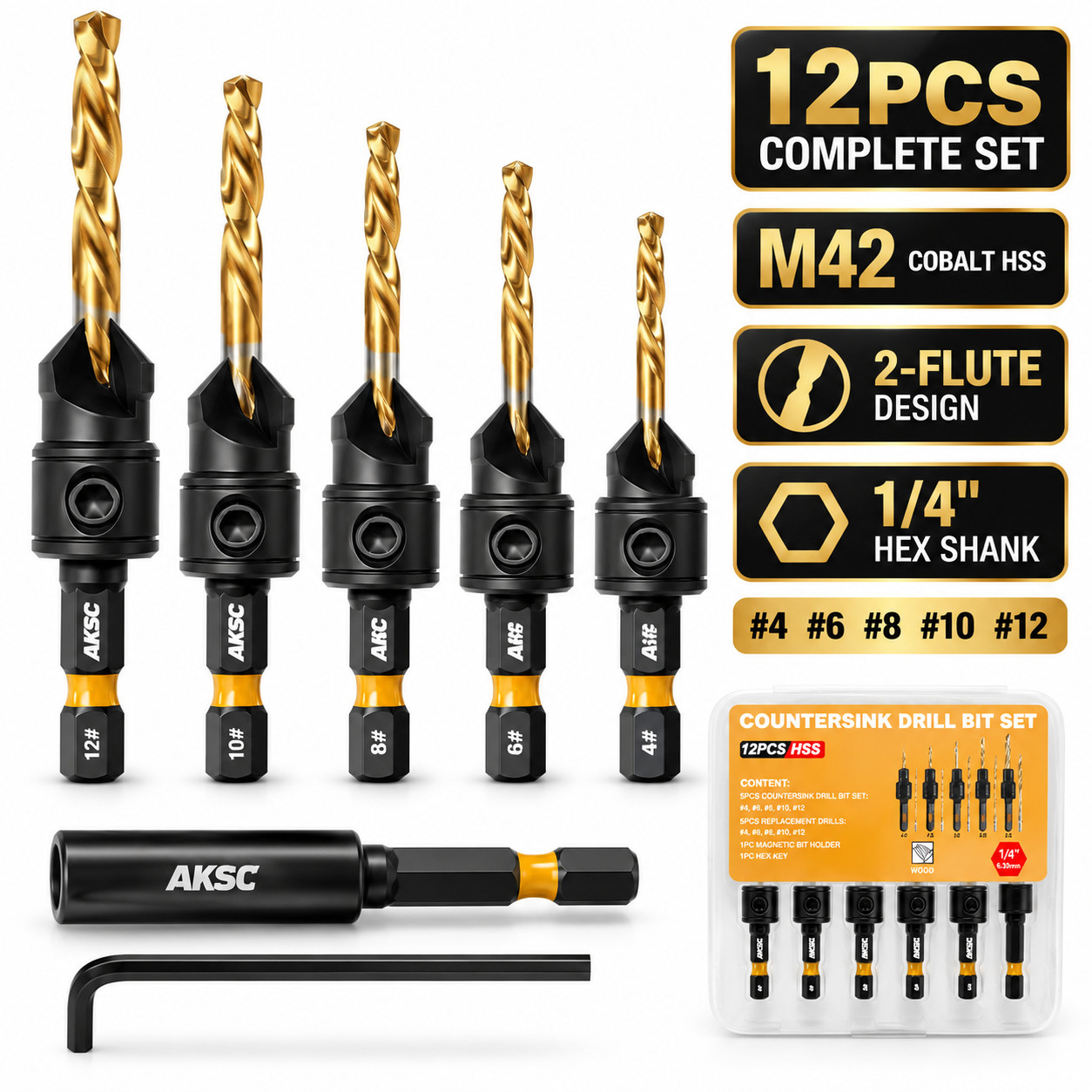 Countersink Drill Bit Set M42 Cobalt Woodworking Bits Wood Plug Cutter Kit 1/4\