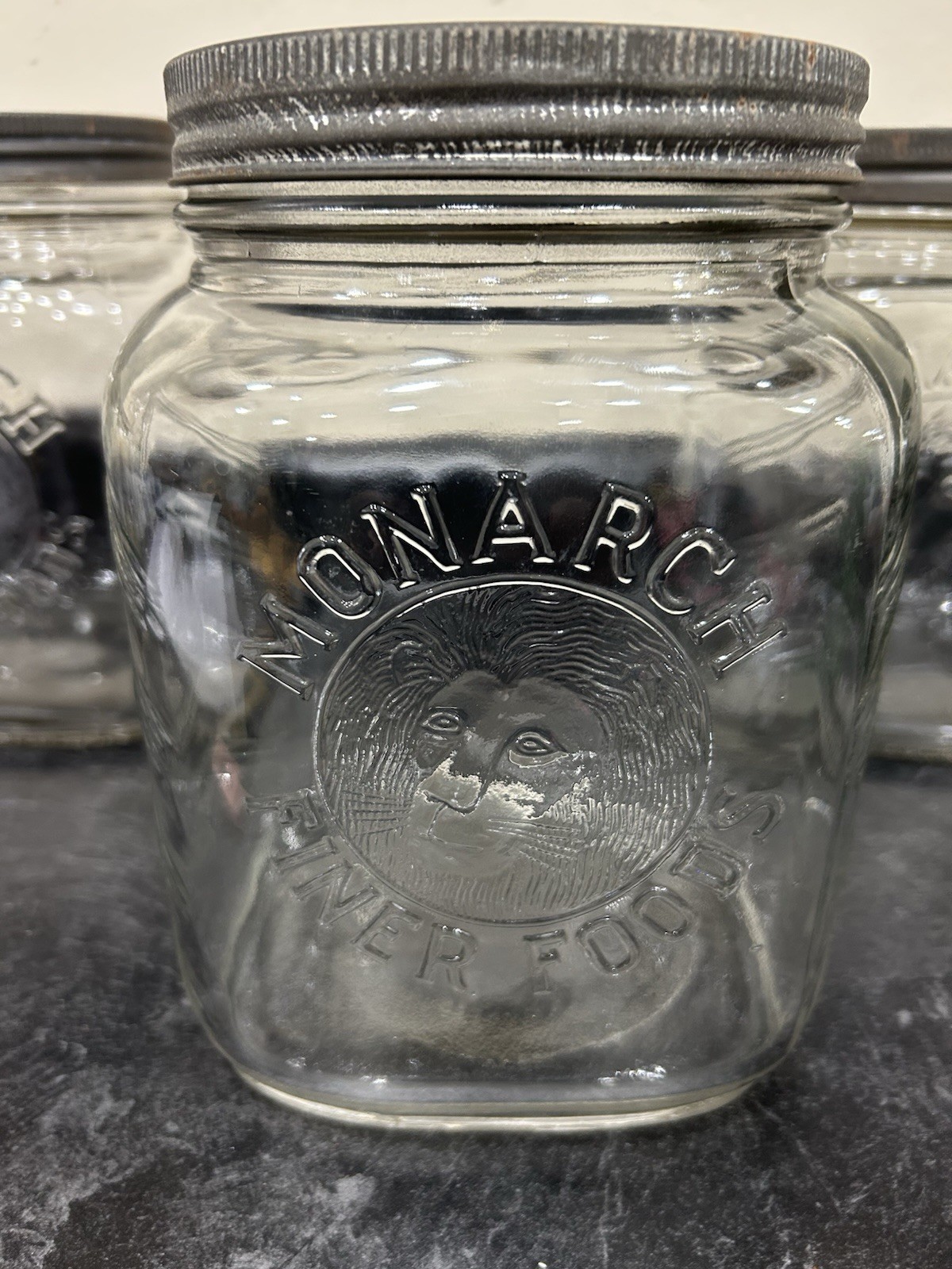 Antique 1936 Monarch Finer Foods Lion Face Gallon Jar Owens Glassworks Antique 1936 Monarch Finer Foods Lion Face Gallon Jar Owens Glassworks