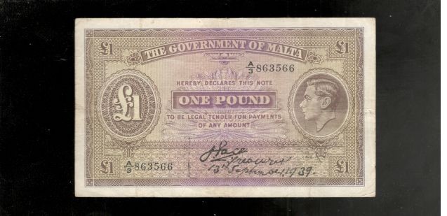 Malta, 1939, KGV1, £1 Pound, Hand-written Signature, P-14, CRISP VF