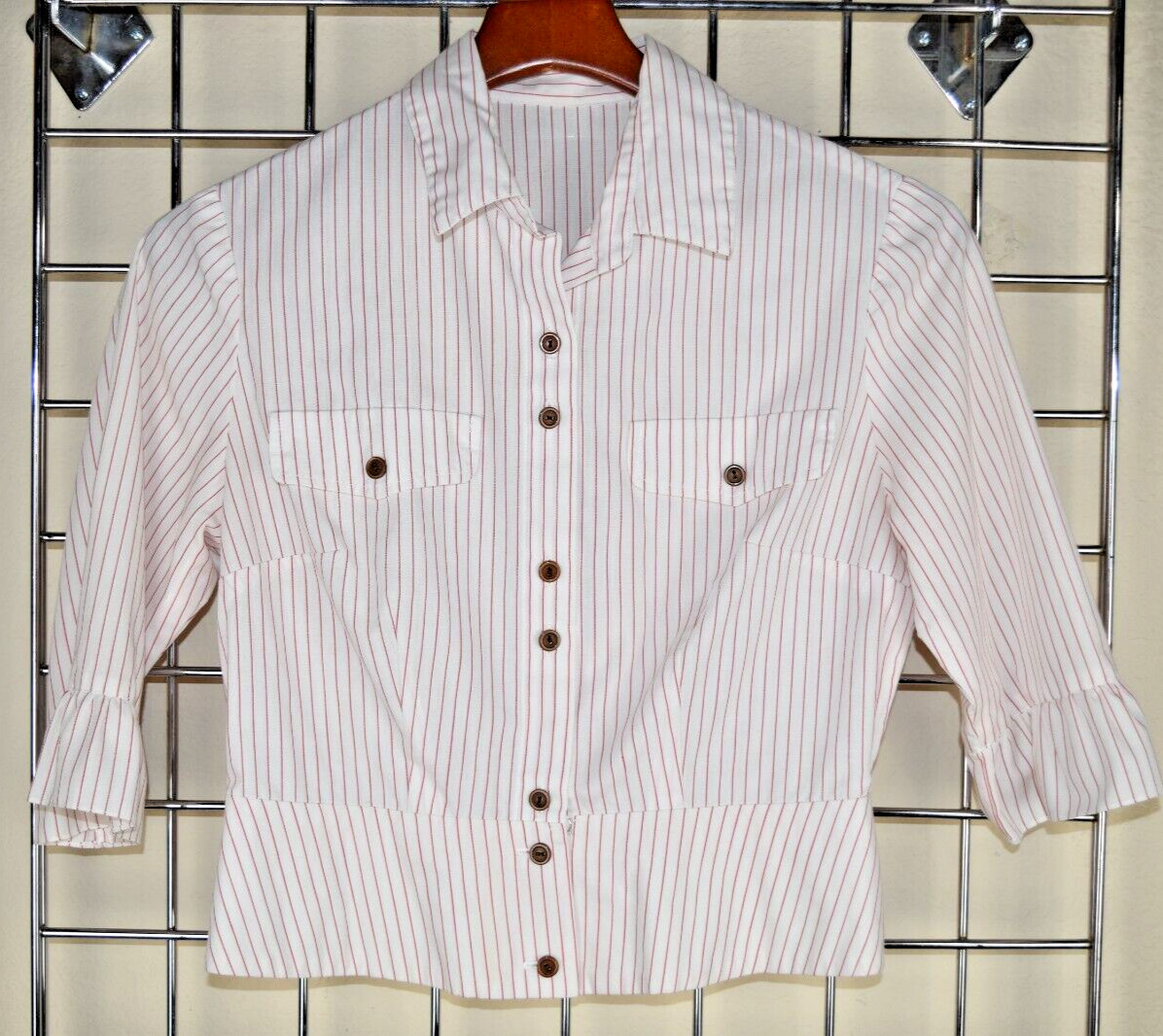 Vintage 70s Womens Shirt S/M White Red Stripes Lined Peplum Hem Ruffled Sleeve