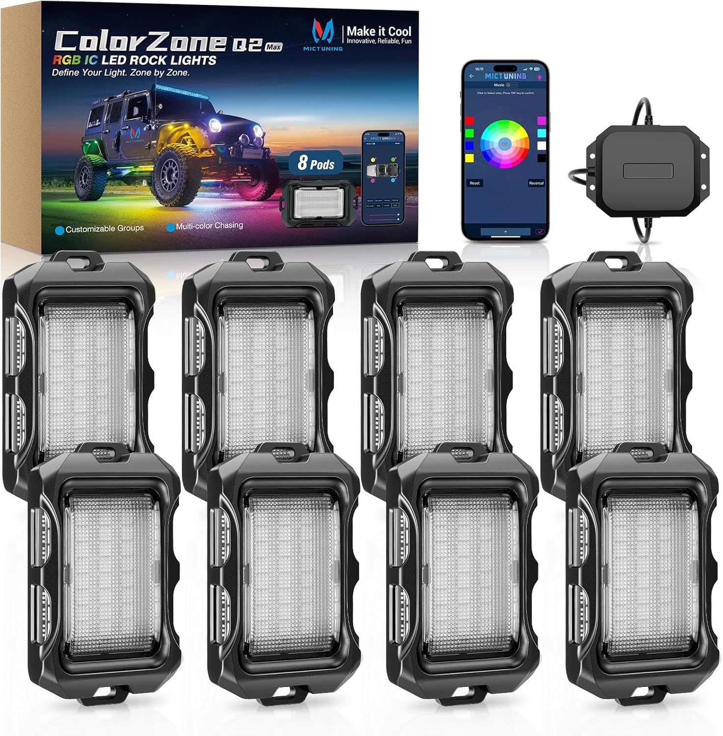 MICTUNING Q2 MAX RGB+IC Rock Lights APP 8 Pods Multicolor LED Underglow Neon Kit