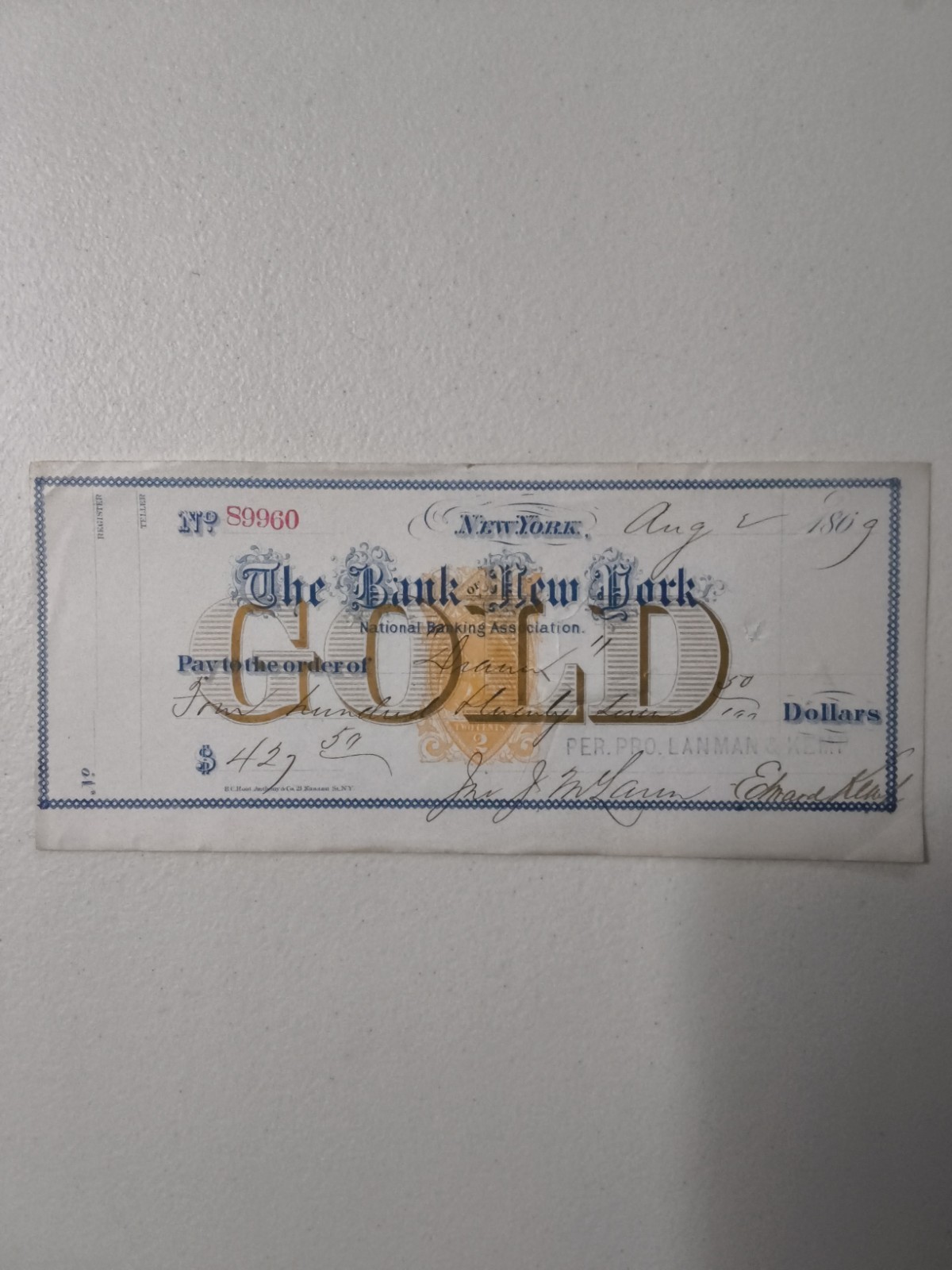 19th-century bank draft from The Bank of New York National Banking Association