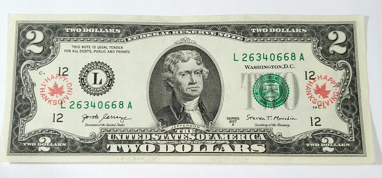 Unique Special Design Uncirculated Two Dollar Bill with 