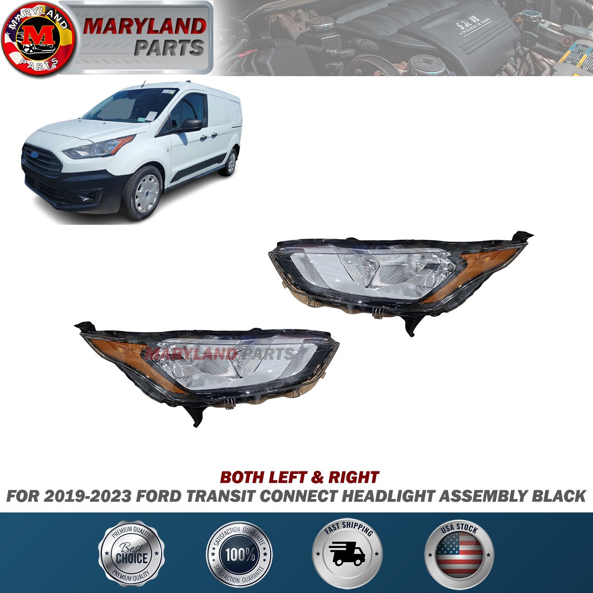 For 2019-2023 Ford Transit Connect Both Left & Right Headlight Assembly Black