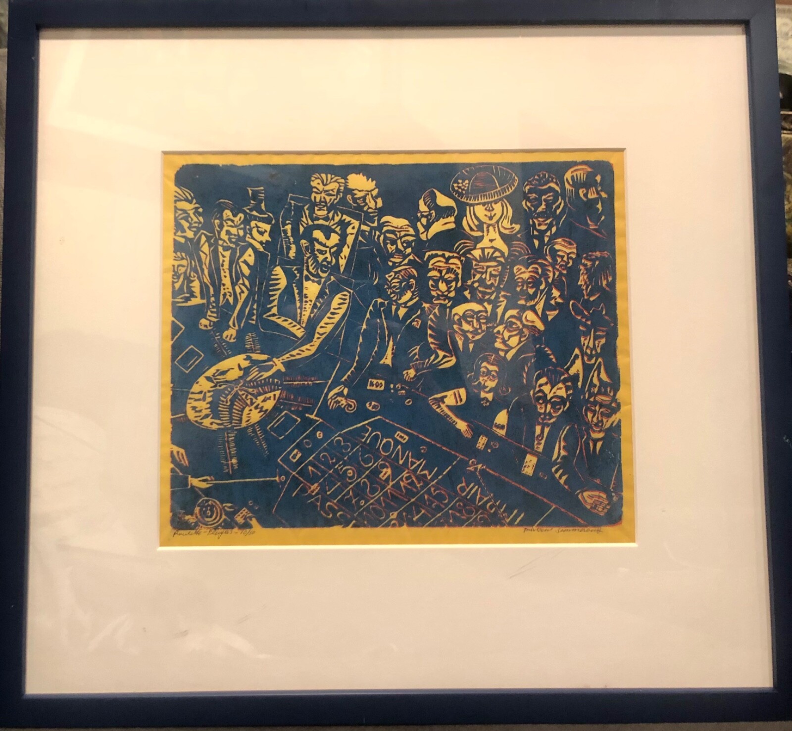 FINE ORIGINAL BLOCK PRINT BY GERMAN AMERICAN “ ROULETTE PLAYERS” SIGNED NUMBERED