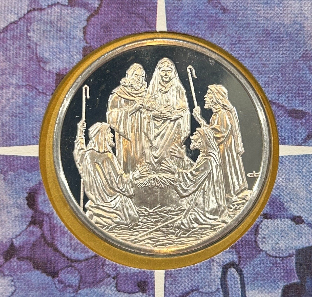 Vtg 1974 Franklin Mint Christmas in Bethlehem .925 silver coin UNC envelope OGP