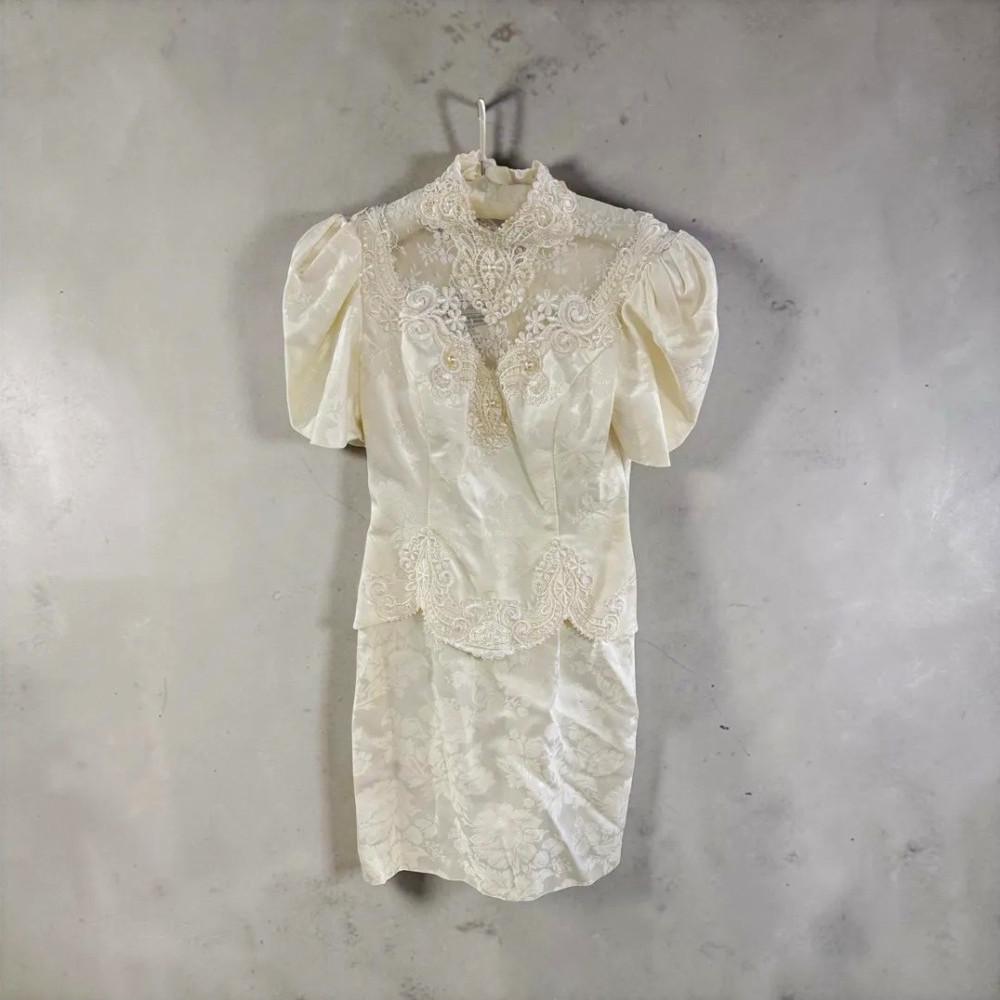 VTG 80s Scott McClintock Dress Size 4 White Lace Damask Puff Sleeve Mini Bridal
