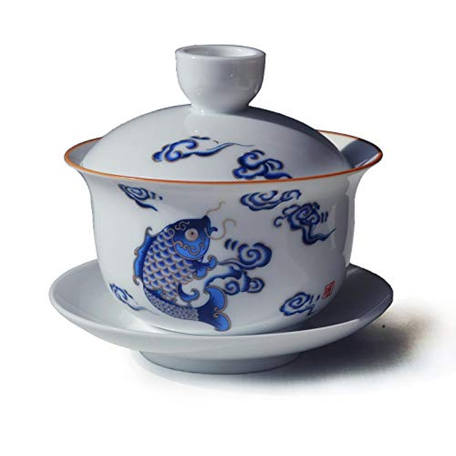Porcelain Gaiwan 7oz Teaup Jumping Fish White Glazed Tureen Chinese Sancai Co... Porcelain Gaiwan 7oz Teaup Jumping Fish White Glazed Tureen Chinese Sancai Co...