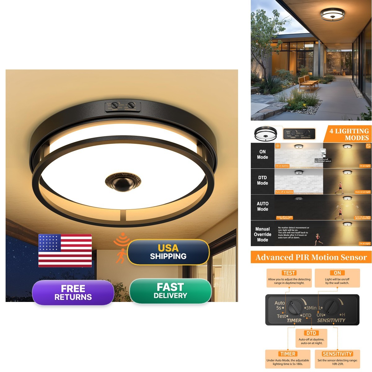 OYKYOHEI 12 Inch LED Motion Sensor Outdoor Ceiling Light for Porch, Black