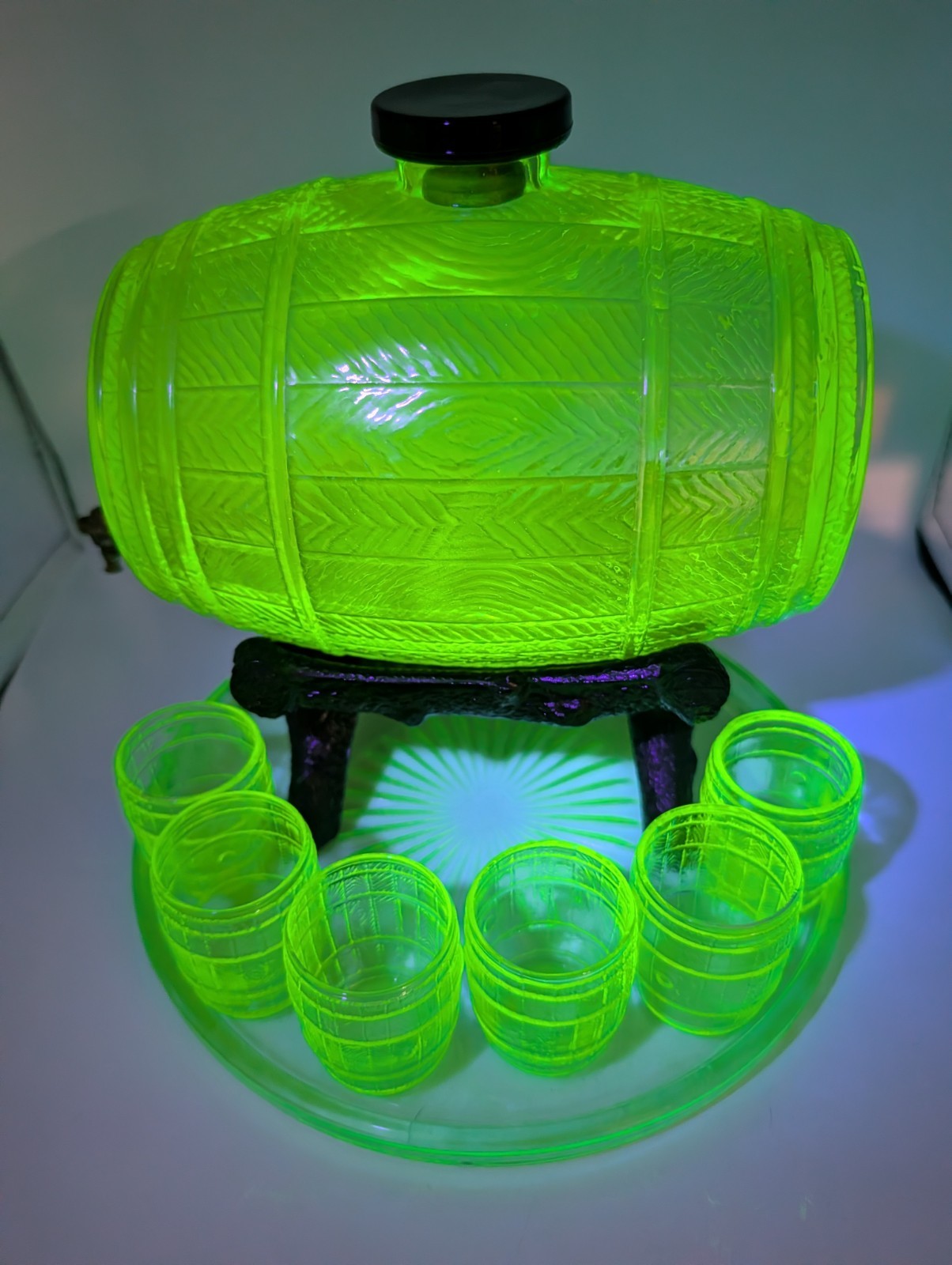 Uranium Cambridge Glass Barrel Decanter Complete Set Antique Vaseline Glass